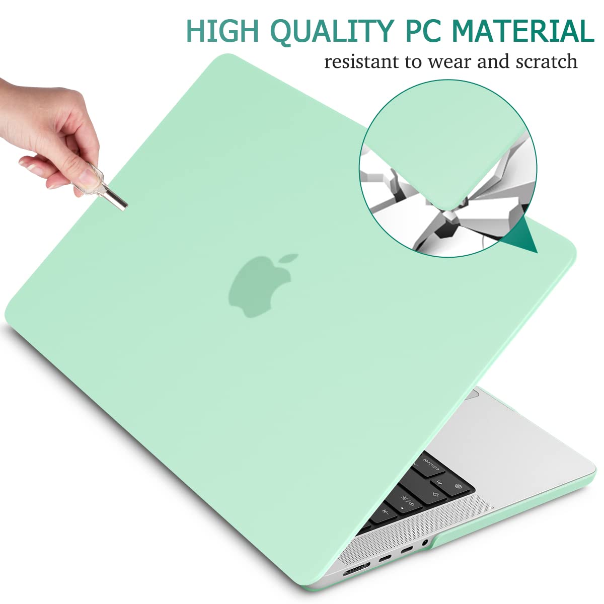 Frosted hard shell case for MacBook Pro 14-inch, designed for M2 A2779 and M1 A2442 models, showcasing its sleek design and keyboard cover.