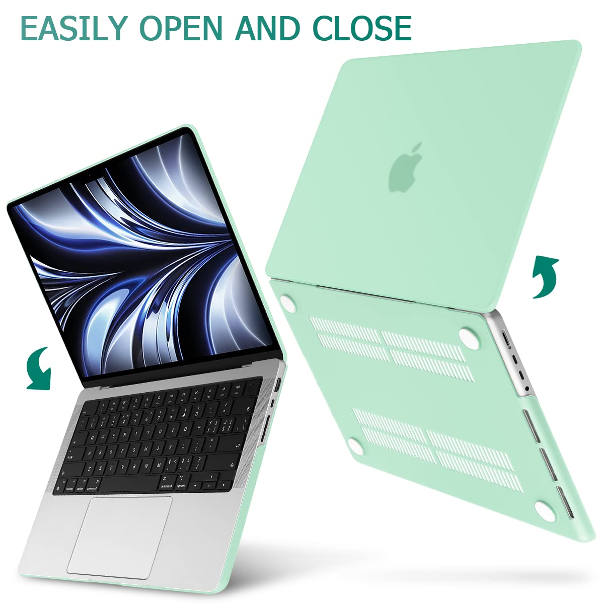 Frosted hard shell case for MacBook Pro 14-inch, designed for M2 A2779 and M1 A2442 models, showcasing its sleek design and keyboard cover.