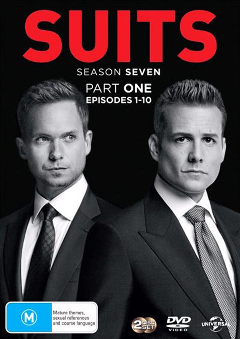 Suits - Season 7 - Part 1 DVD cover featuring main characters Harvey Specter and Mike Ross in a dramatic pose.