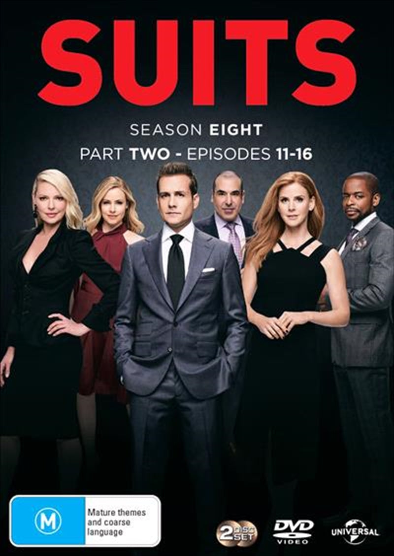 Suits - Season 8 - Part 2 DVD cover featuring Mike Ross and Harvey Specter in a dramatic legal setting.