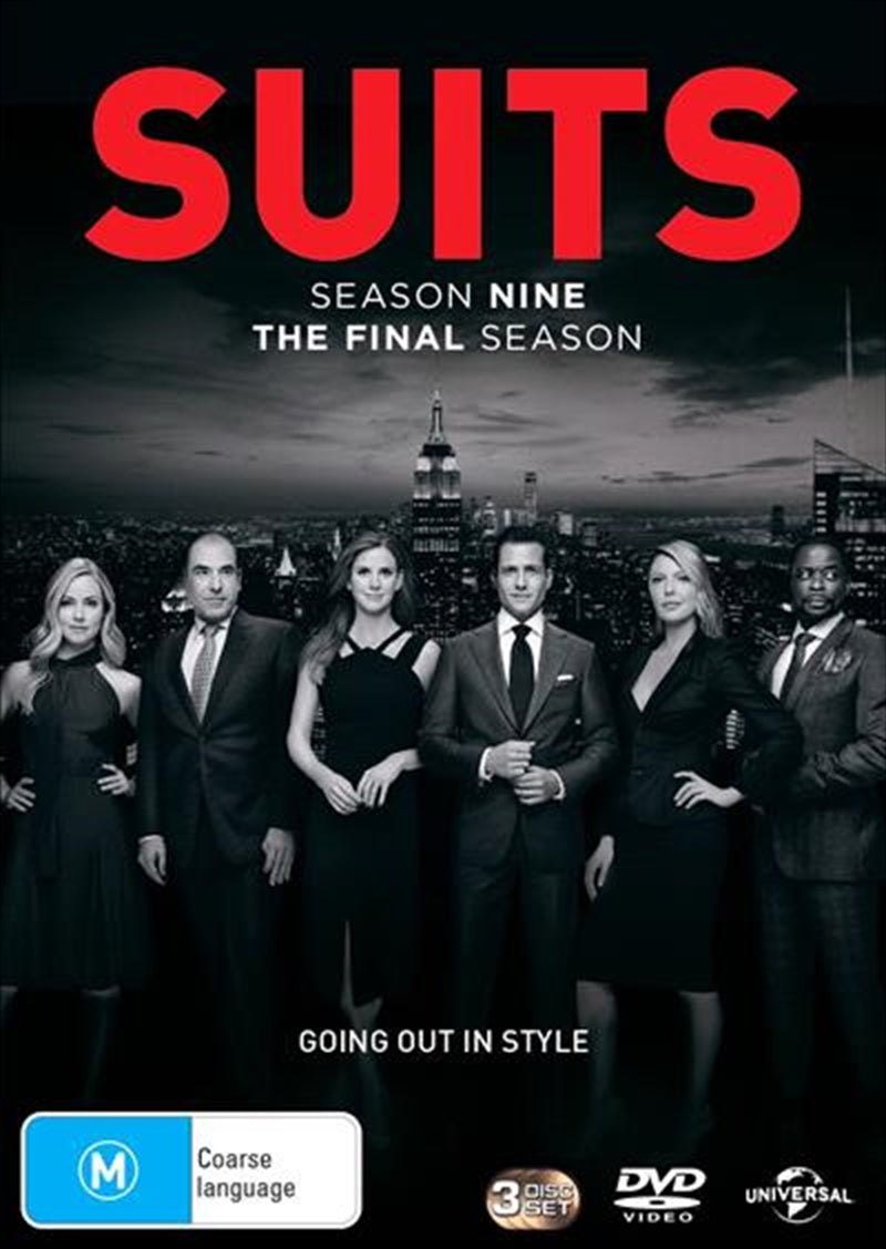 Suits - Season 9 DVD cover featuring main characters Mike Ross and Harvey Specter in a dramatic pose.