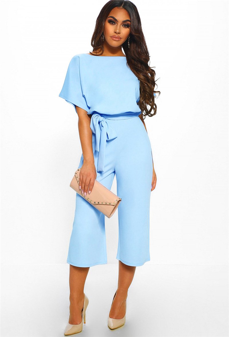 A stylish Summer Fashion Simple Short Sleeve Jumpsuit for women, featuring a wide leg design in a pure color, perfect for casual summer outings.