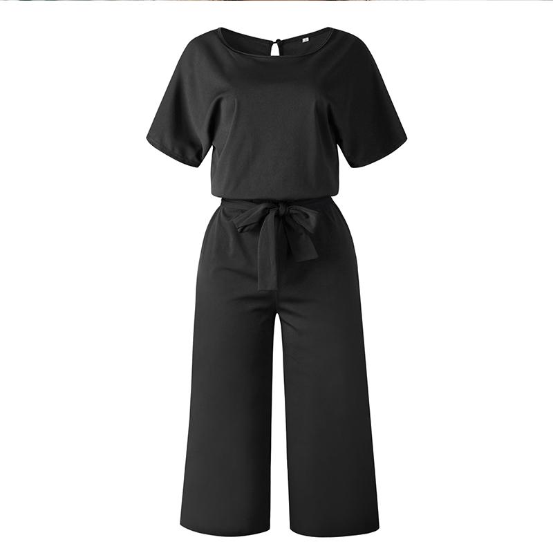 A stylish Summer Fashion Simple Short Sleeve Jumpsuit for women, featuring a wide leg design in a pure color, perfect for casual summer outings.