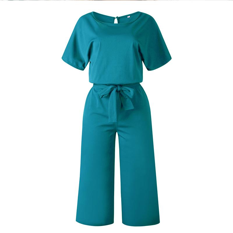 A stylish Summer Fashion Simple Short Sleeve Jumpsuit for women, featuring a wide leg design in a pure color, perfect for casual summer outings.