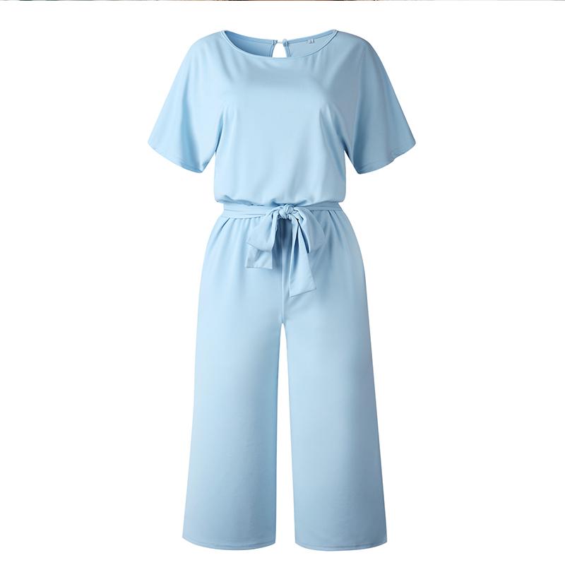 A stylish Summer Fashion Simple Short Sleeve Jumpsuit for women, featuring a wide leg design in a pure color, perfect for casual summer outings.