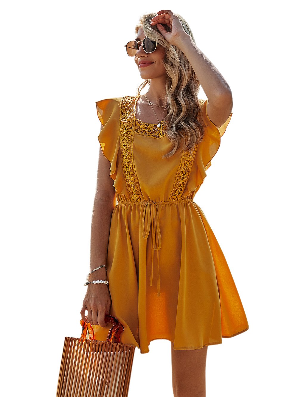 Elegant Summer Women Backless Dress with ruffles and flutter sleeves, showcasing a casual A-Line silhouette in a vibrant summer setting.