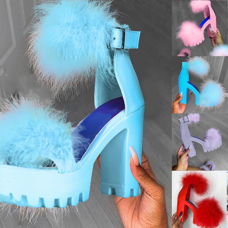 A pair of stylish summer women's fluffy open toe ankle strap platform heels with a chunky block heel, perfect for warm weather outings.