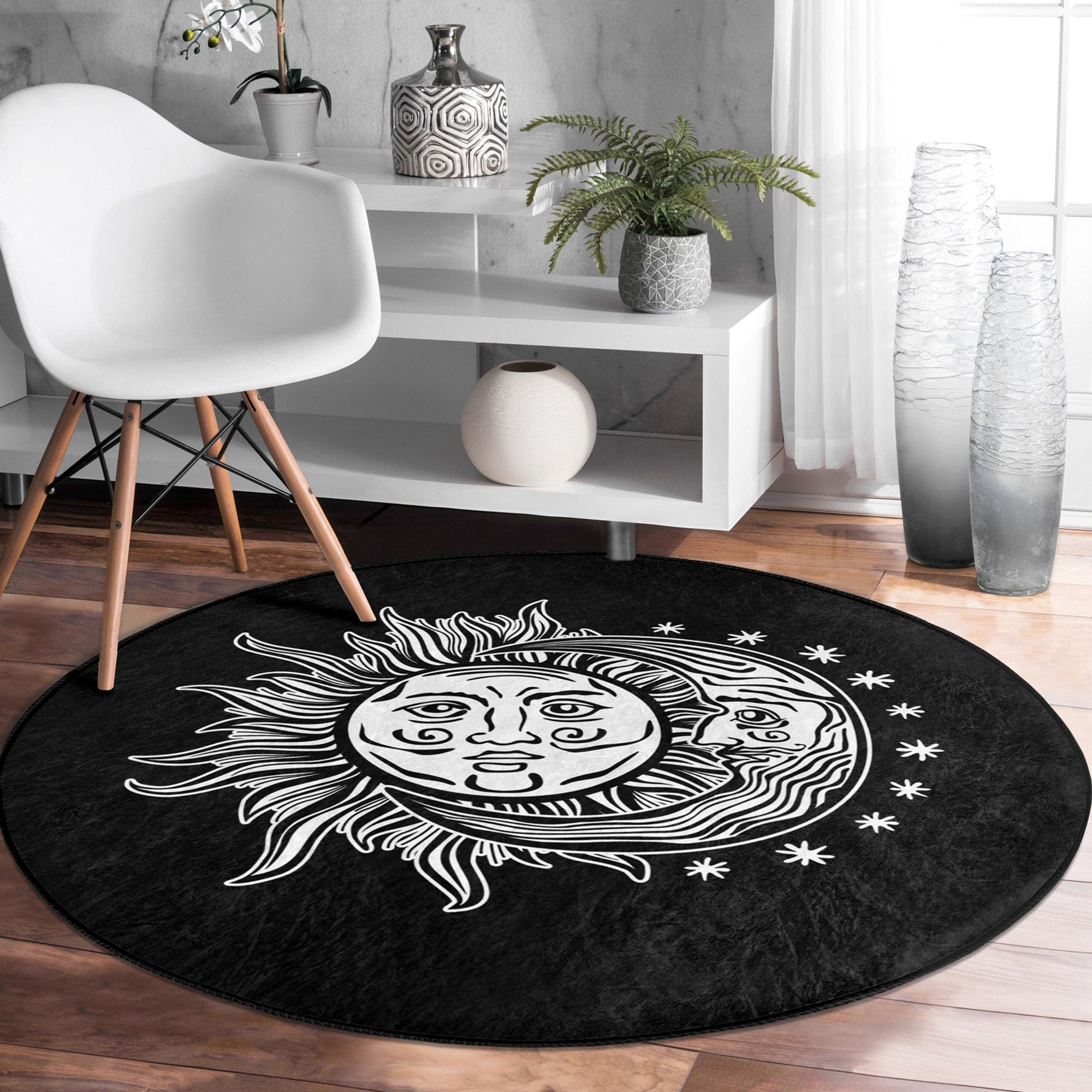 Sun and Moon Round Rug featuring a celestial design, made of soft velvet fabric, perfect for meditation rooms.