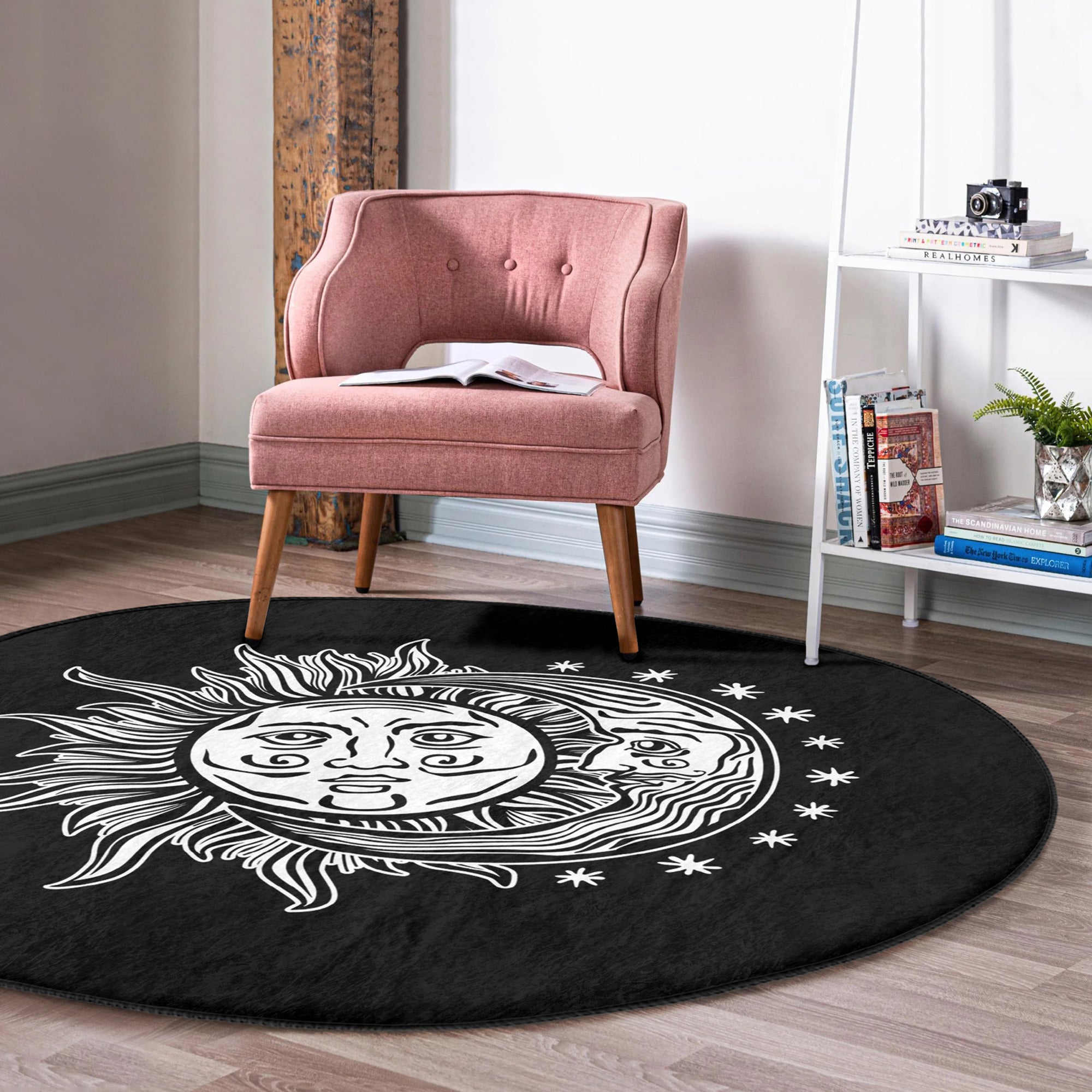 Sun and Moon Round Rug featuring a celestial design, made of soft velvet fabric, perfect for meditation rooms.