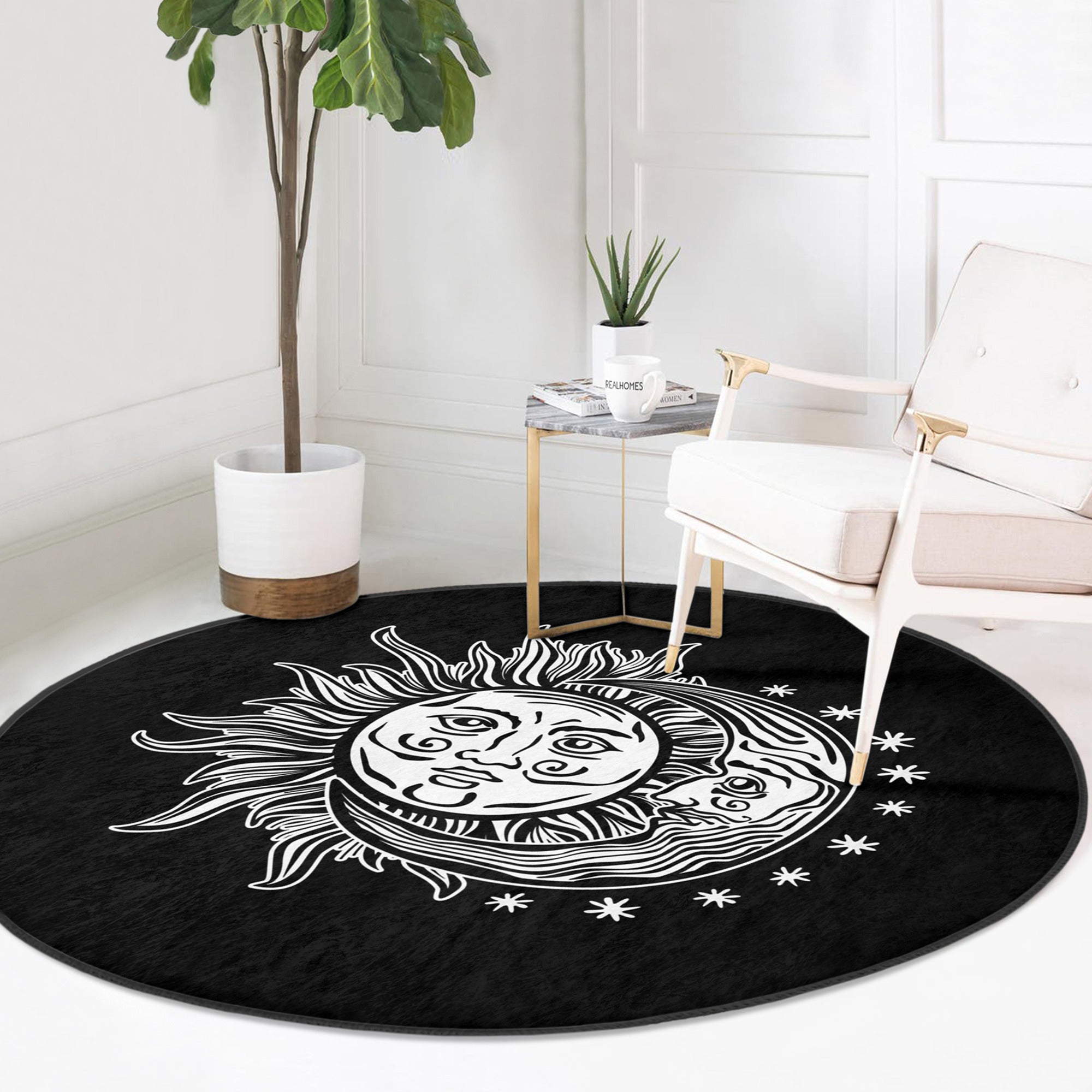 Sun and Moon Round Rug featuring a celestial design, made of soft velvet fabric, perfect for meditation rooms.