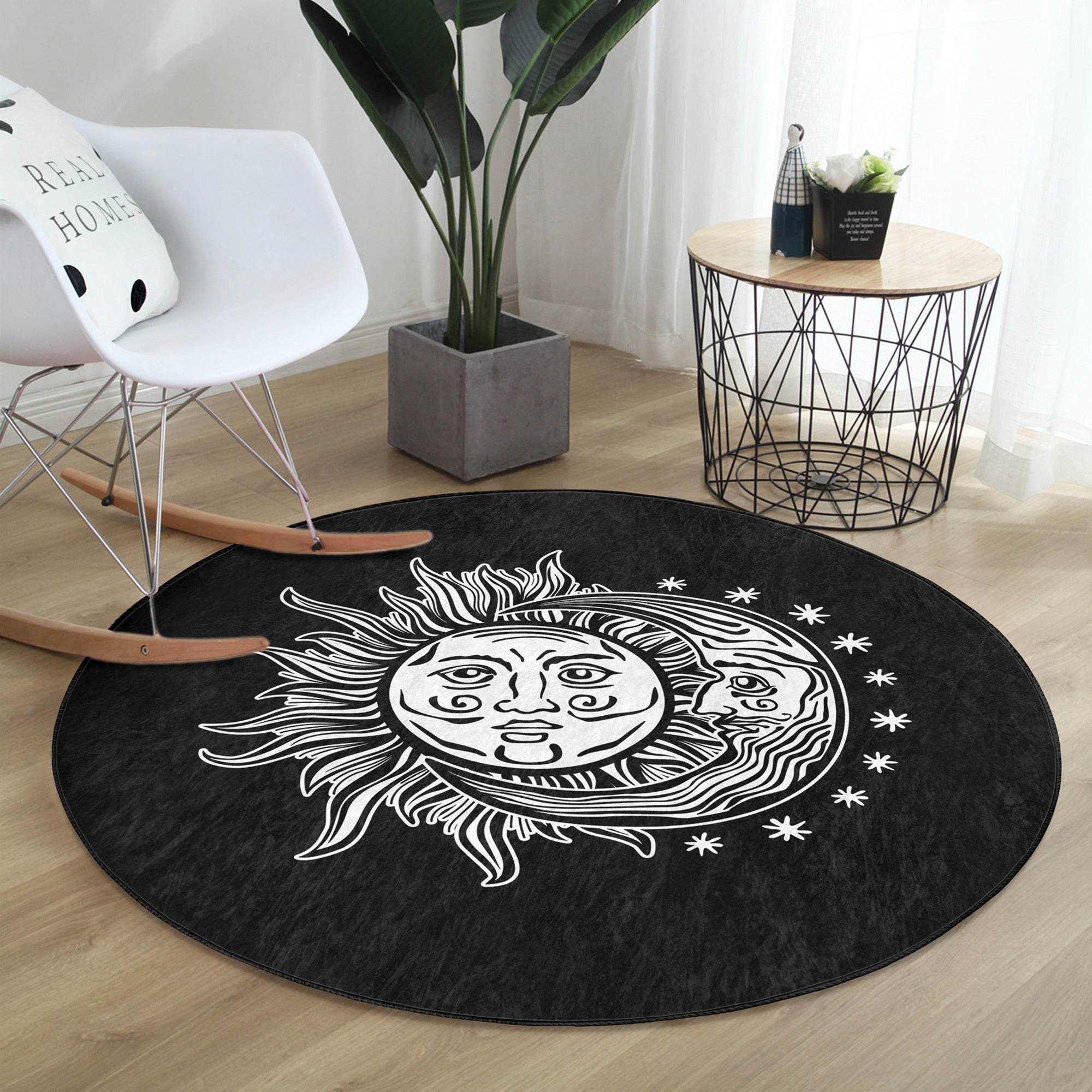 Sun and Moon Round Rug featuring a celestial design, made of soft velvet fabric, perfect for meditation rooms.