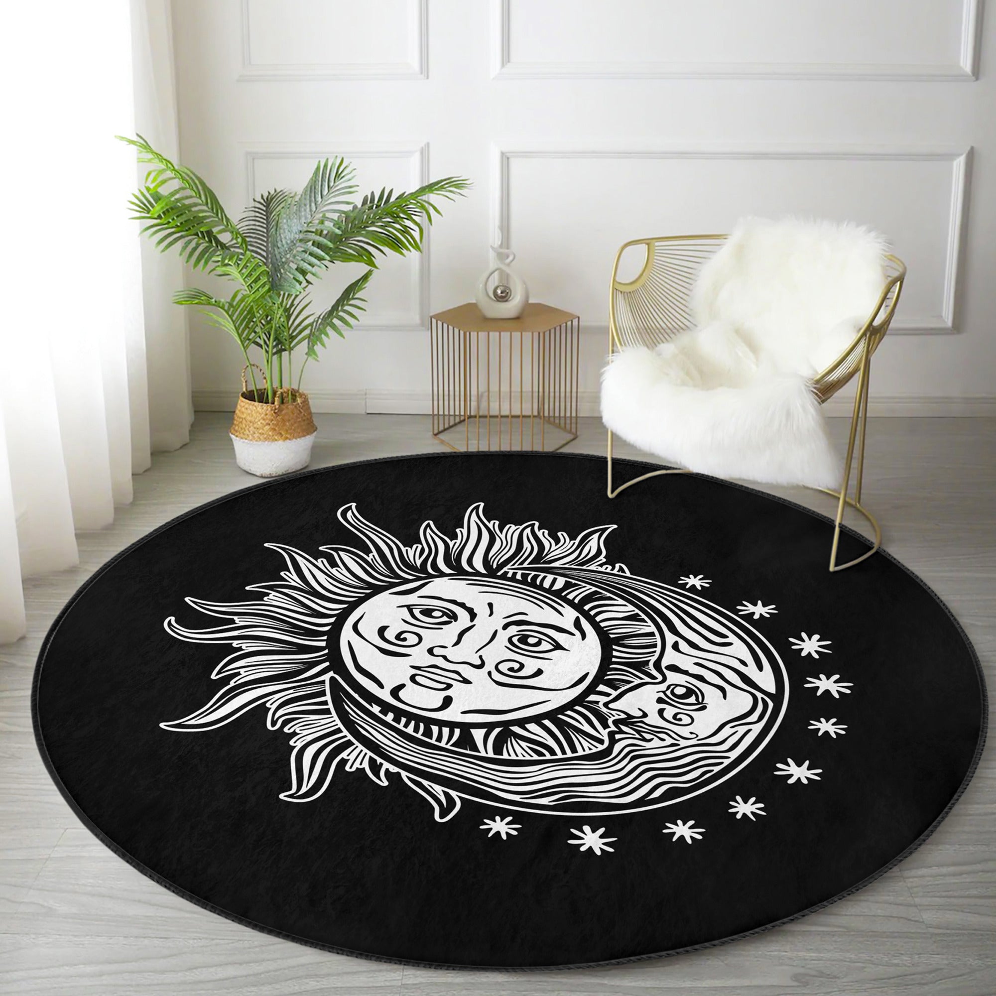 Sun and Moon Round Rug featuring a celestial design, made of soft velvet fabric, perfect for meditation rooms.