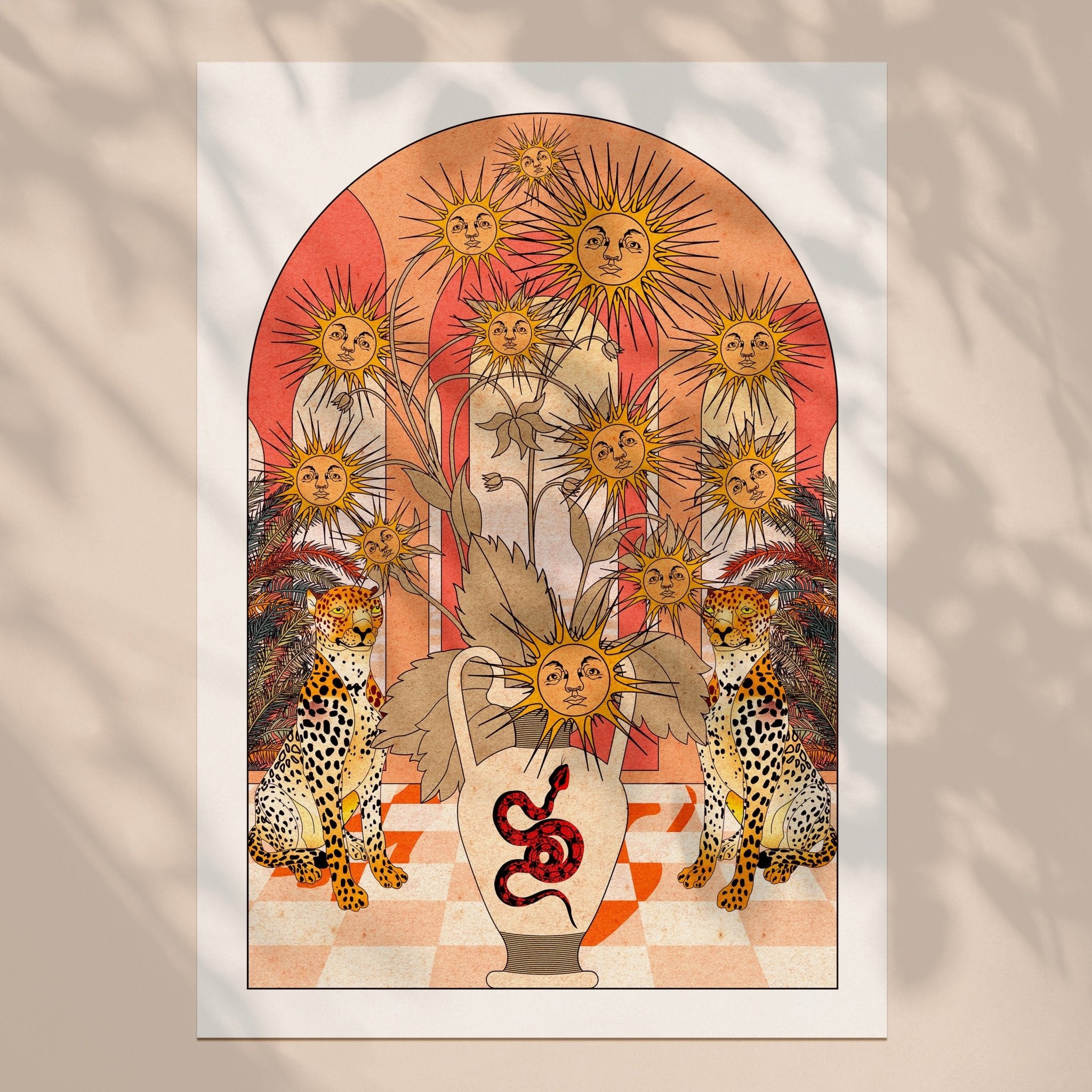 Sun Flowers Art Print featuring illustrated suns and Greek urns with leopard statues on either side.