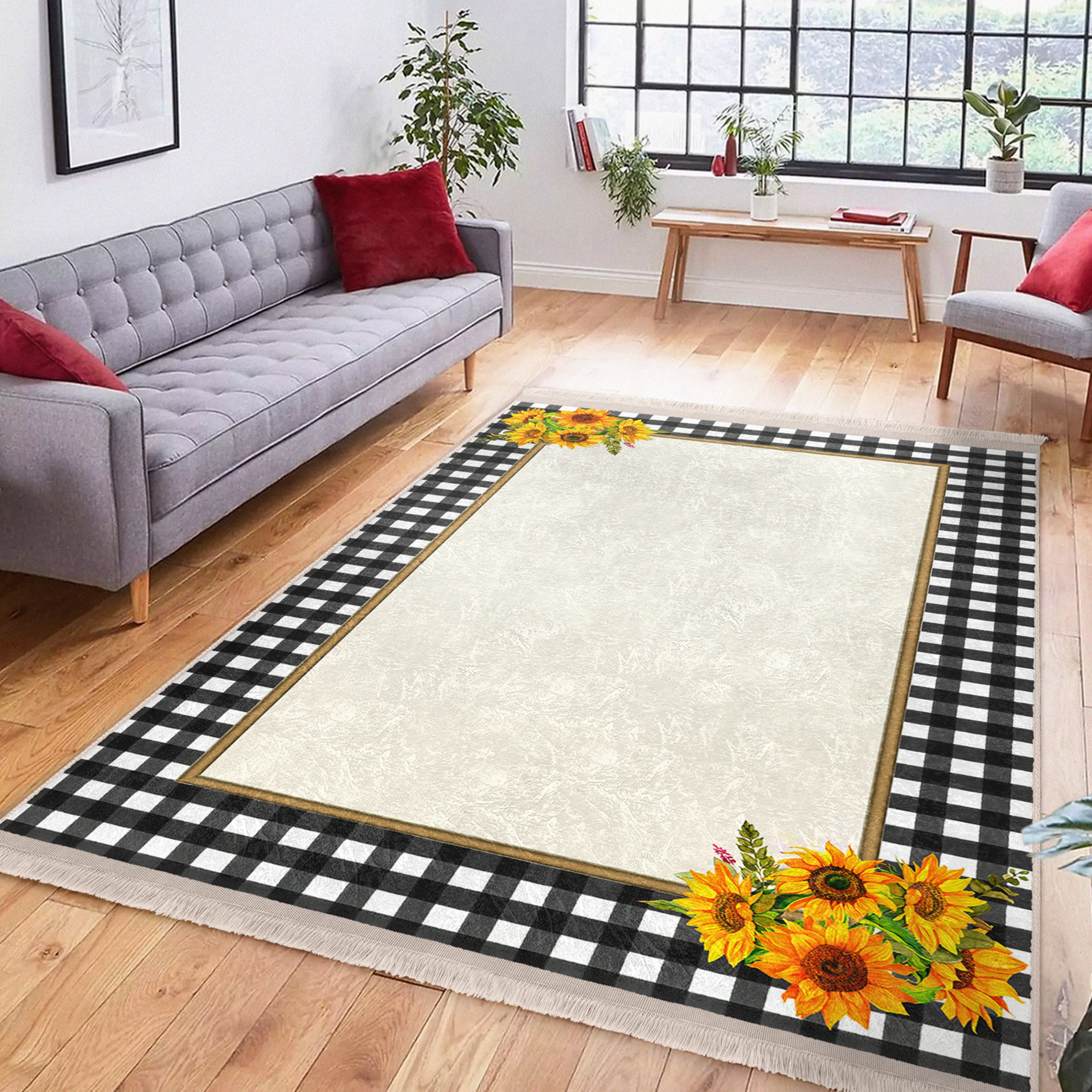 Sunflower Checkered Washable Area Rug with fringes, showcasing vibrant colors and a soft texture, perfect for home decor.