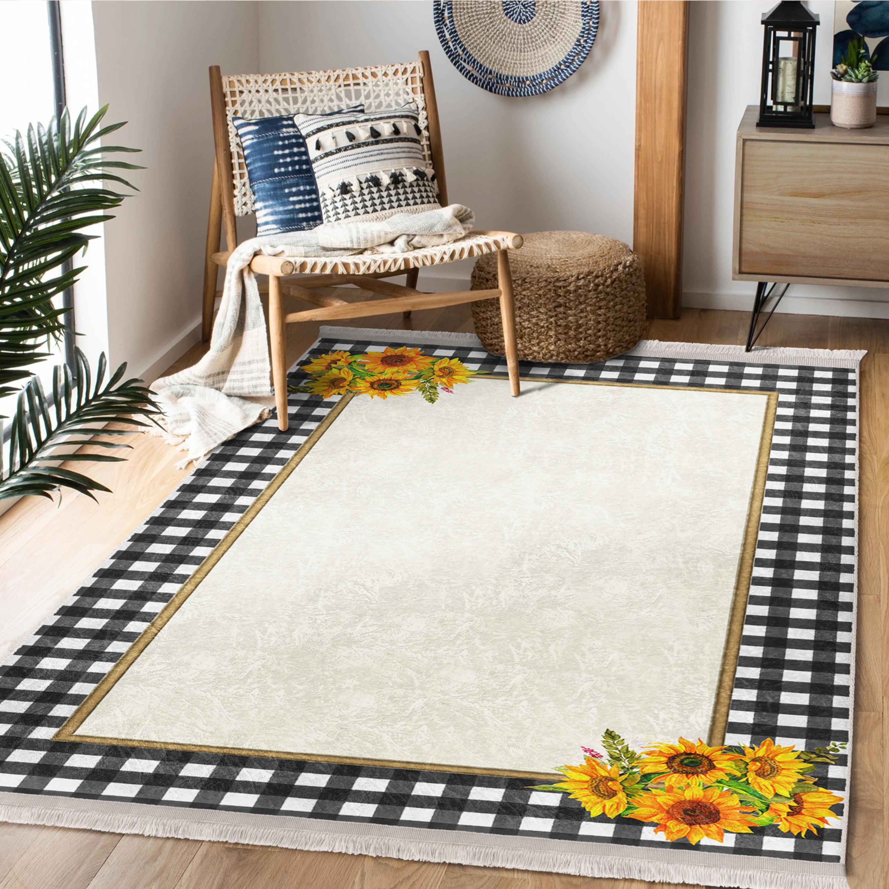 Sunflower Checkered Washable Area Rug with fringes, showcasing vibrant colors and a soft texture, perfect for home decor.