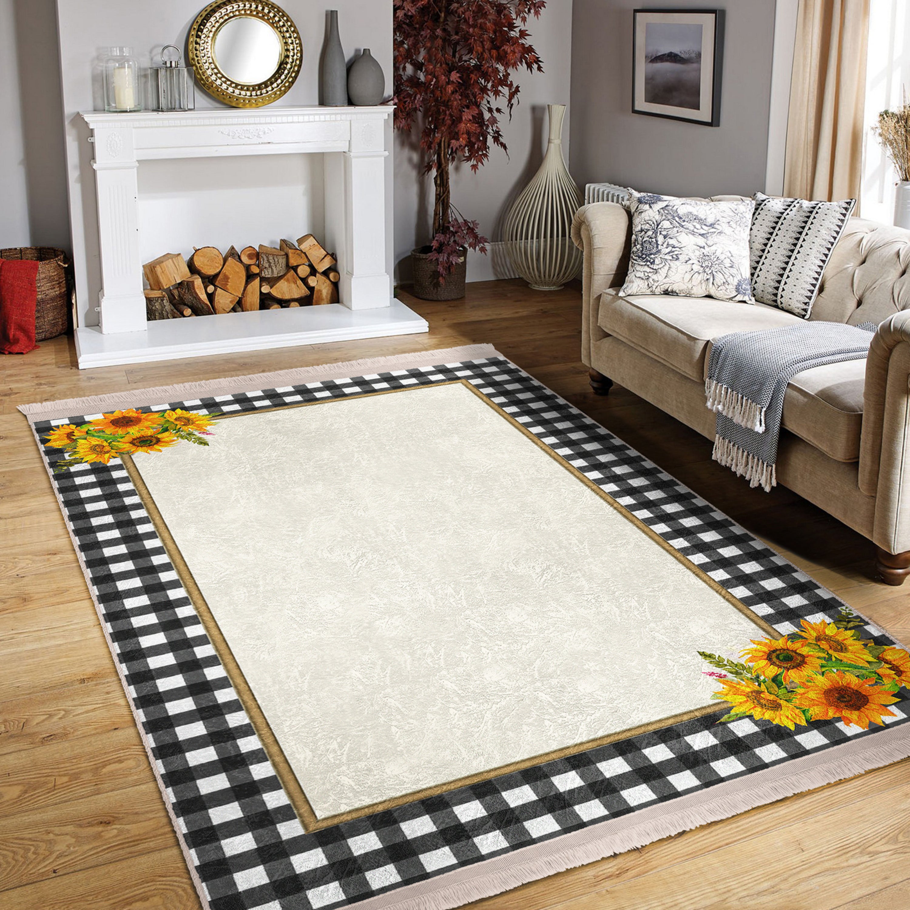 Sunflower Checkered Washable Area Rug with fringes, showcasing vibrant colors and a soft texture, perfect for home decor.