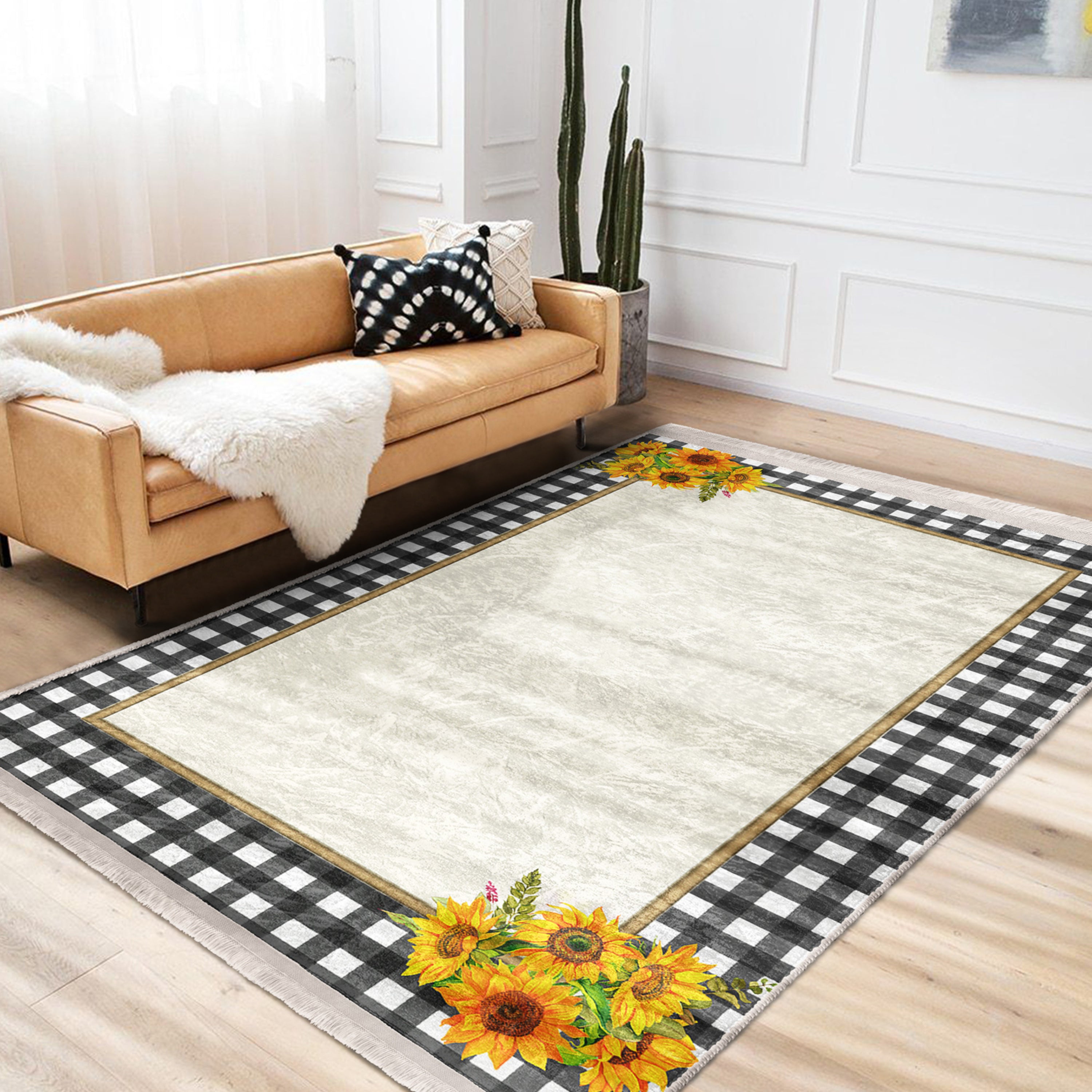 Sunflower Checkered Washable Area Rug with fringes, showcasing vibrant colors and a soft texture, perfect for home decor.