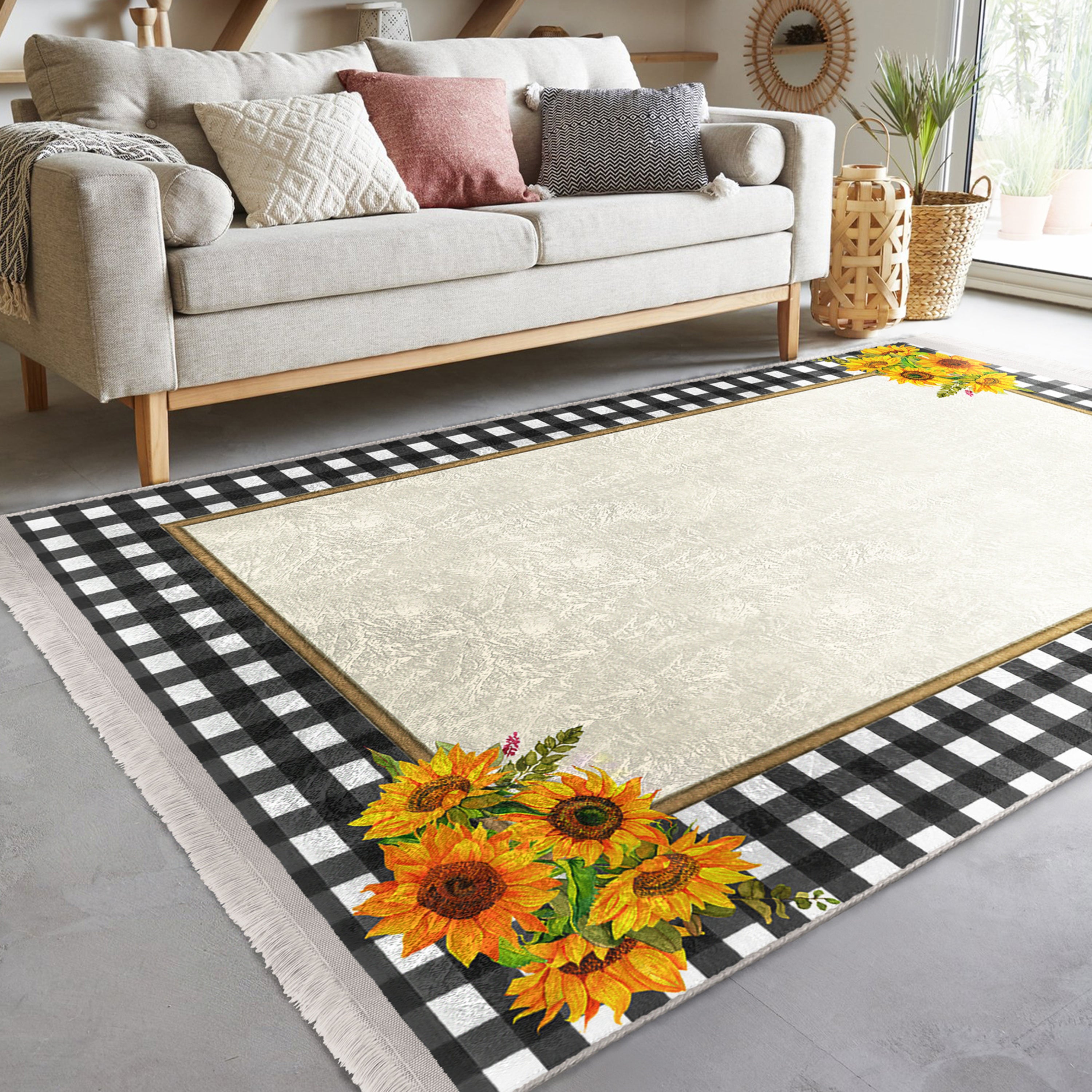 Sunflower Checkered Washable Area Rug with fringes, showcasing vibrant colors and a soft texture, perfect for home decor.