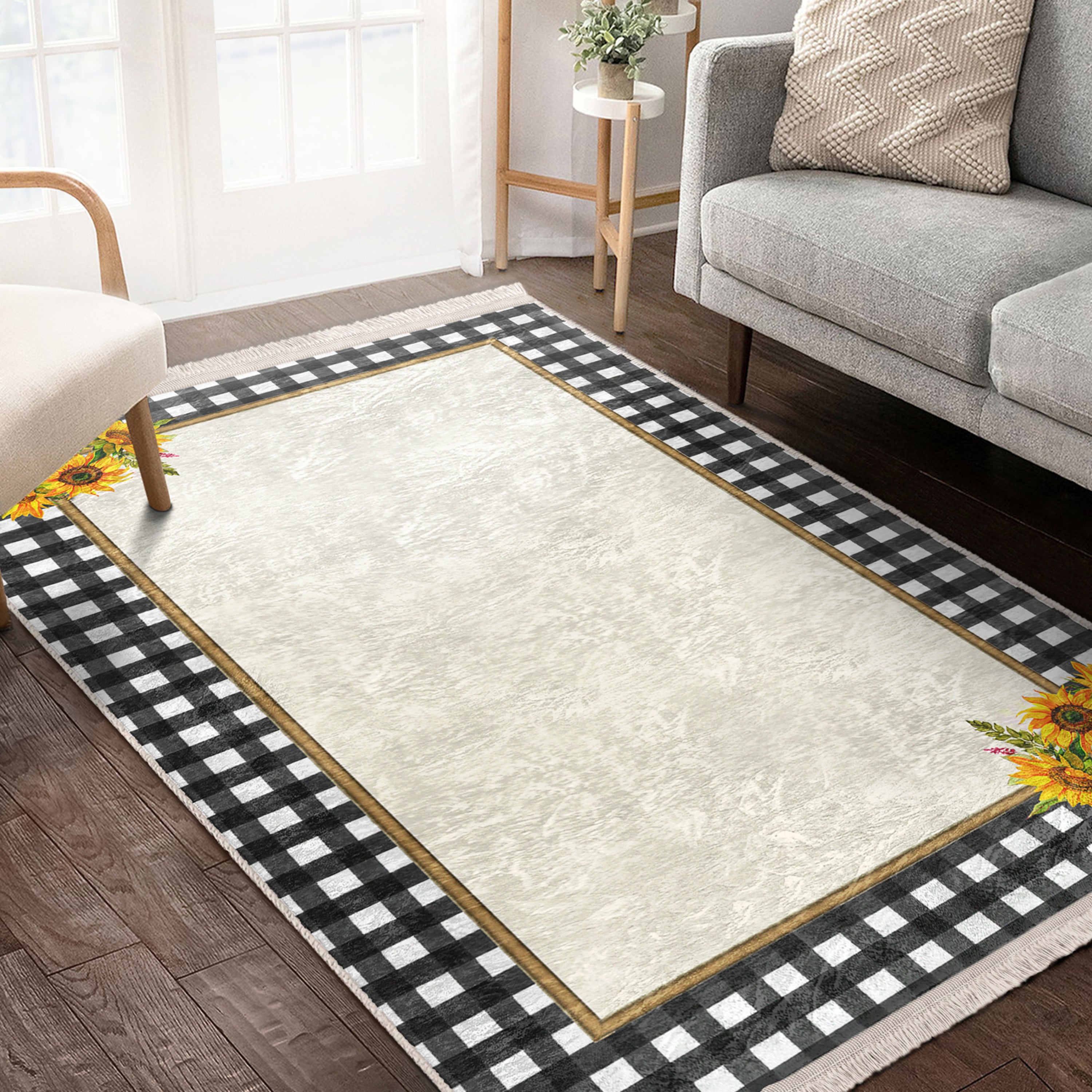 Sunflower Checkered Washable Area Rug with fringes, showcasing vibrant colors and a soft texture, perfect for home decor.