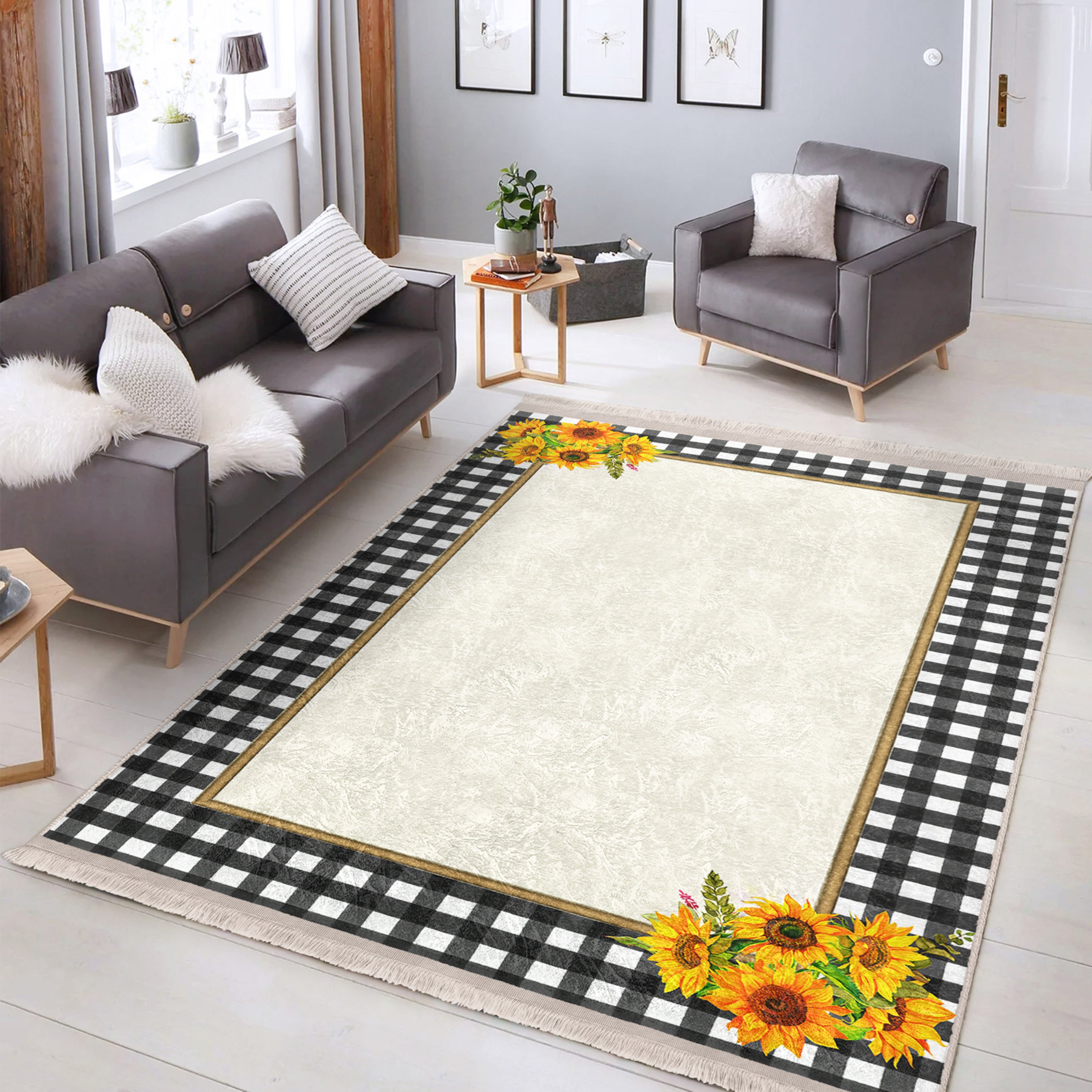 Sunflower Checkered Washable Area Rug with fringes, showcasing vibrant colors and a soft texture, perfect for home decor.