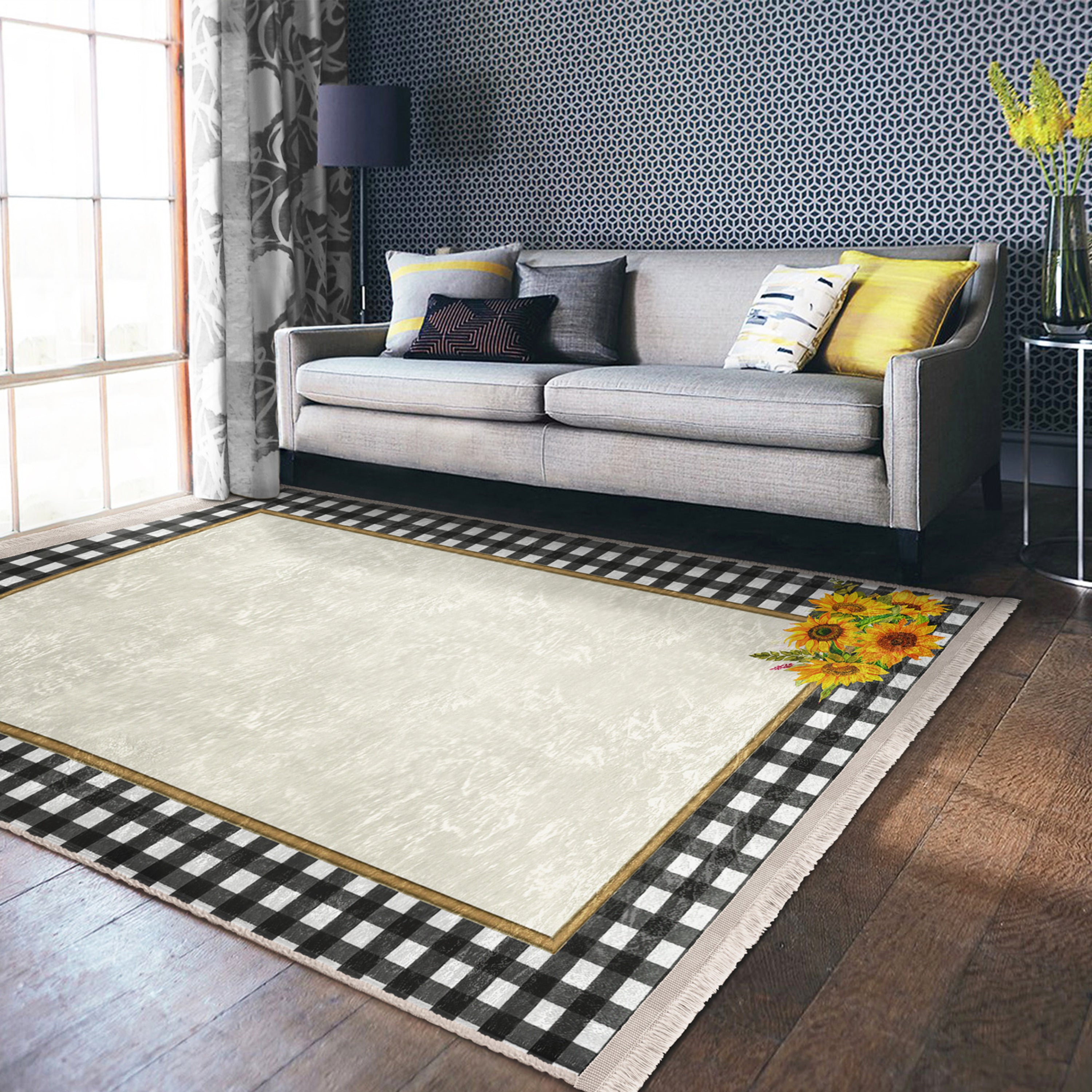 Sunflower Checkered Washable Area Rug with fringes, showcasing vibrant colors and a soft texture, perfect for home decor.