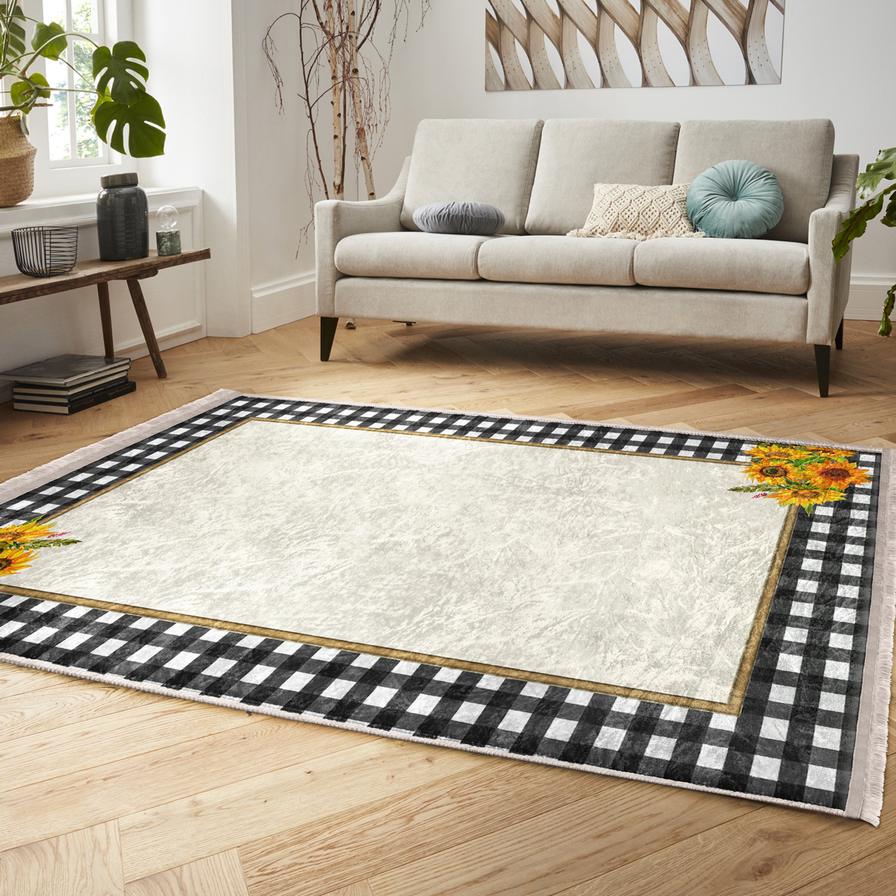 Sunflower Checkered Washable Area Rug with fringes, showcasing vibrant colors and a soft texture, perfect for home decor.