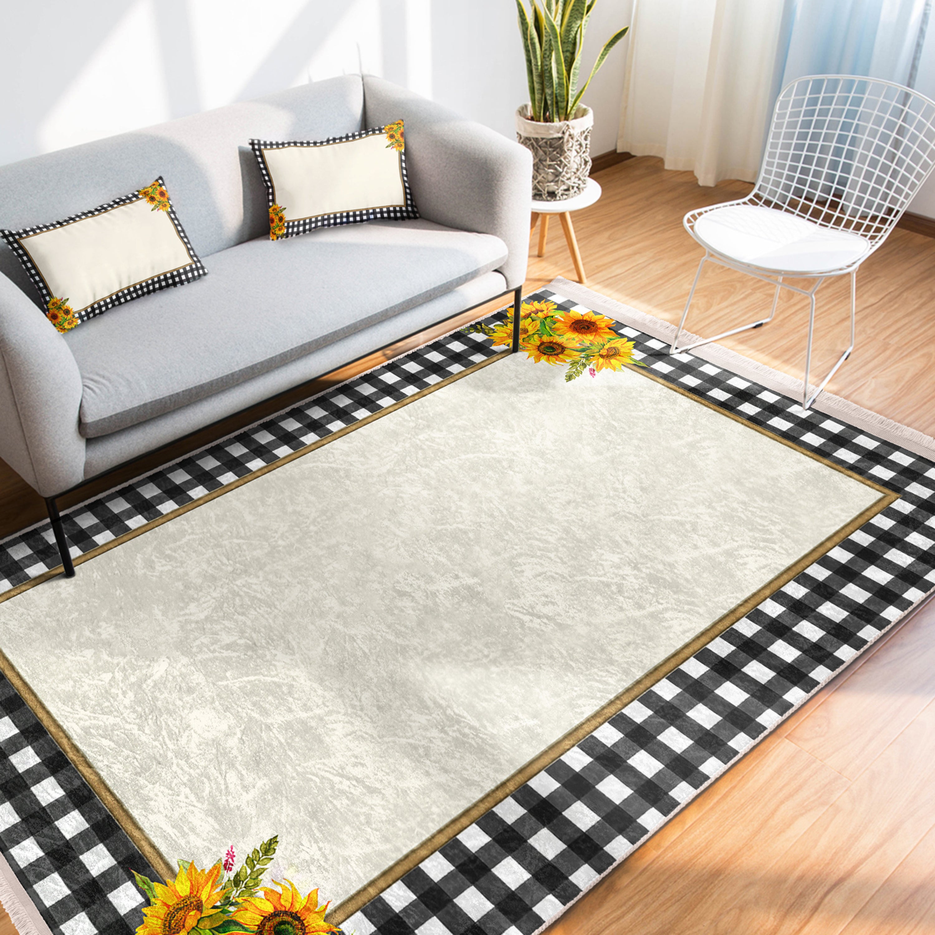 Sunflower Checkered Washable Area Rug with fringes, showcasing vibrant colors and a soft texture, perfect for home decor.