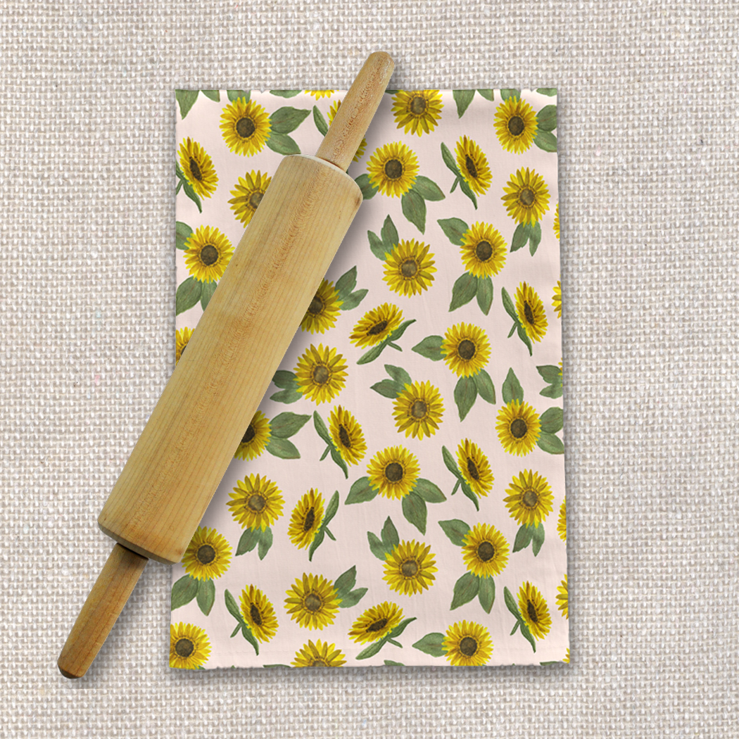 Sunflower Watercolor Tea Towel featuring vibrant sunflower design on soft cotton twill fabric, perfect for kitchen use.