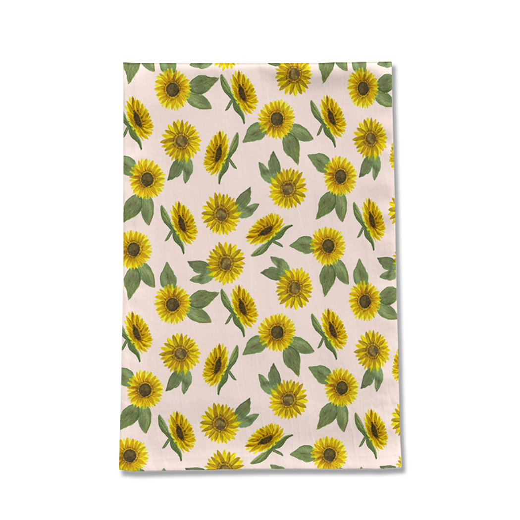 Sunflower Watercolor Tea Towel featuring vibrant sunflower design on soft cotton twill fabric, perfect for kitchen use.