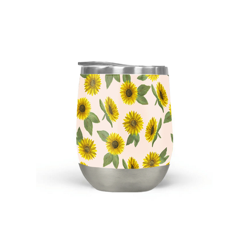 A vibrant sunflower watercolor wine tumbler with a double-wall design, perfect for outdoor use and keeping beverages cool.