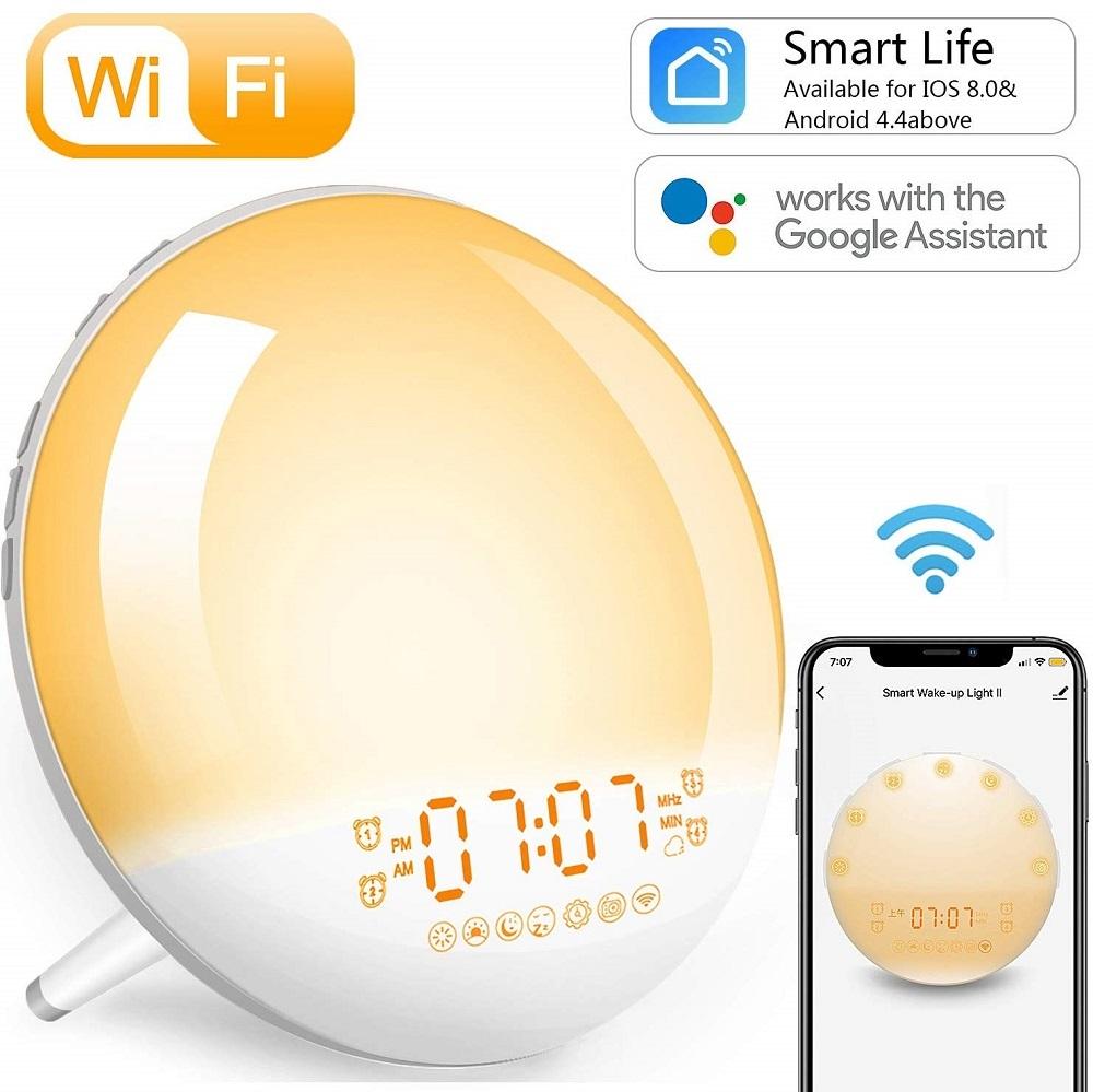 Sunrise Alarm Clock Smart Wake up Light with 7 colors and 20 brightness settings, designed for a gentle wake-up experience.