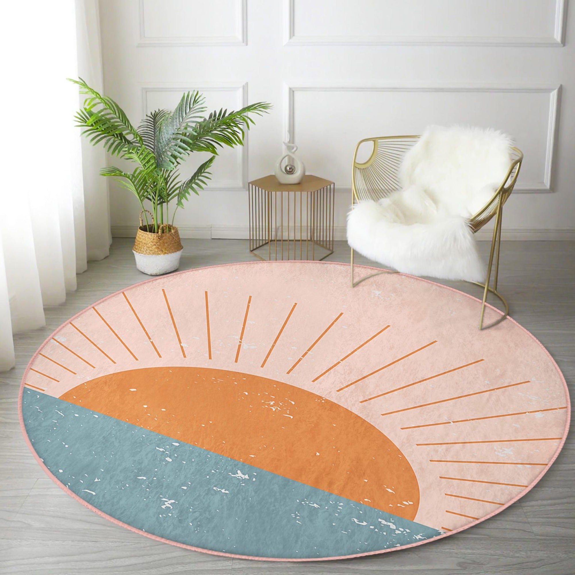 Sunrise Patterned Round Rug in boho style, showcasing vibrant colors and soft velvet texture, perfect for home decor.