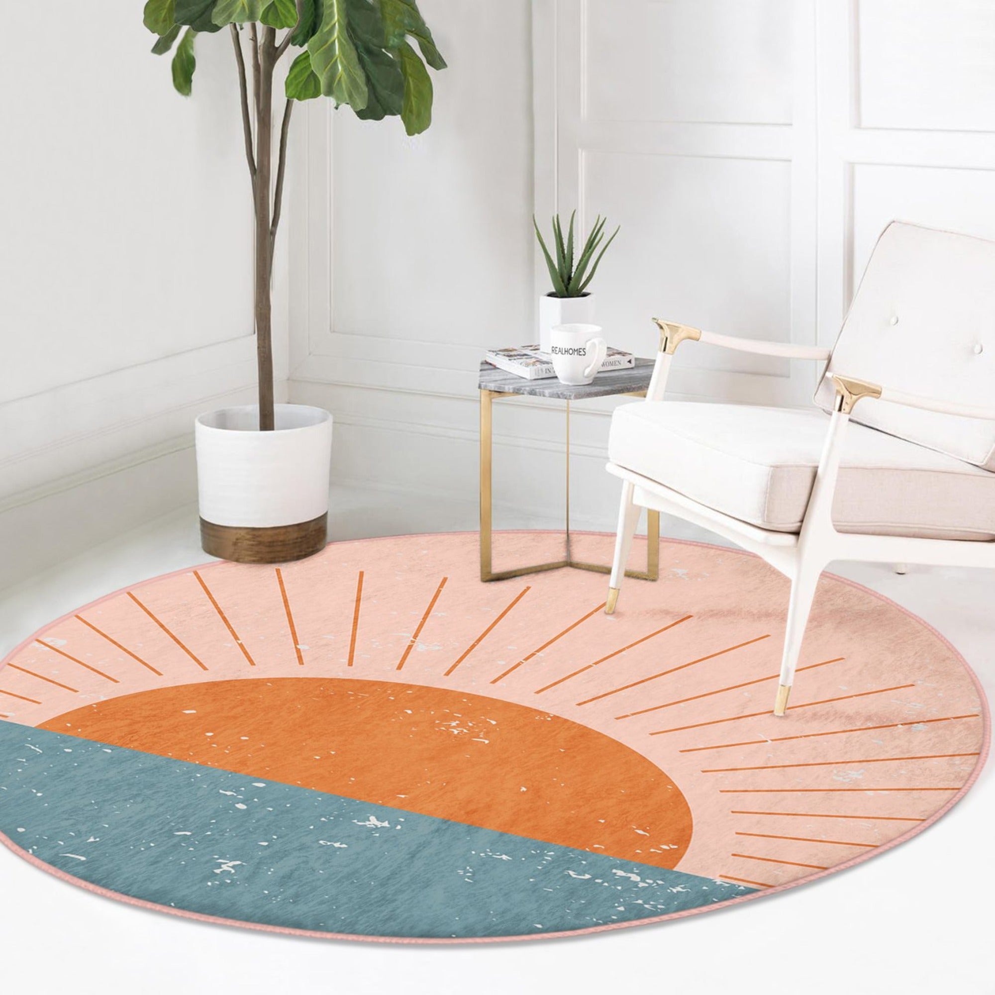 Sunrise Patterned Round Rug in boho style, showcasing vibrant colors and soft velvet texture, perfect for home decor.