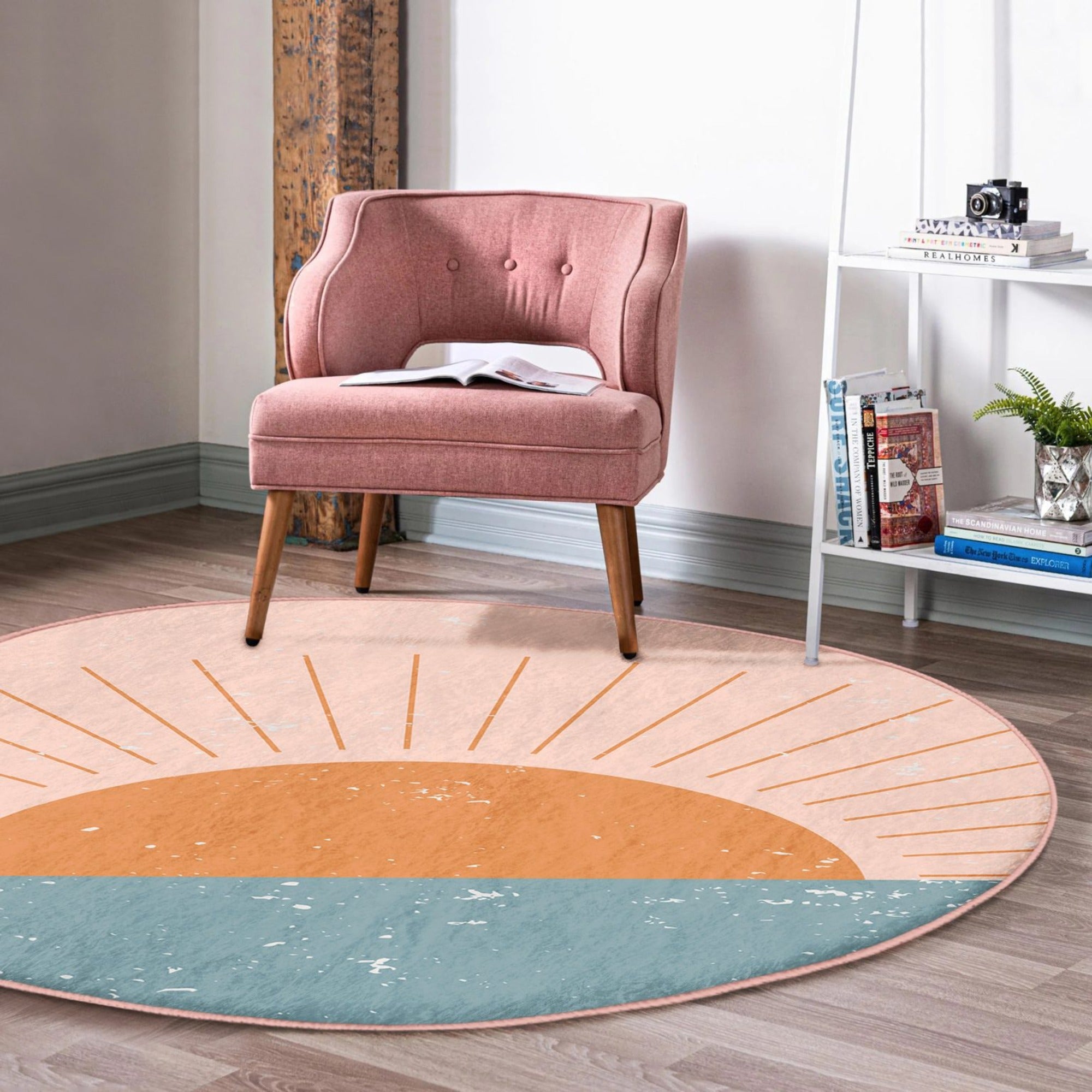 Sunrise Patterned Round Rug in boho style, showcasing vibrant colors and soft velvet texture, perfect for home decor.