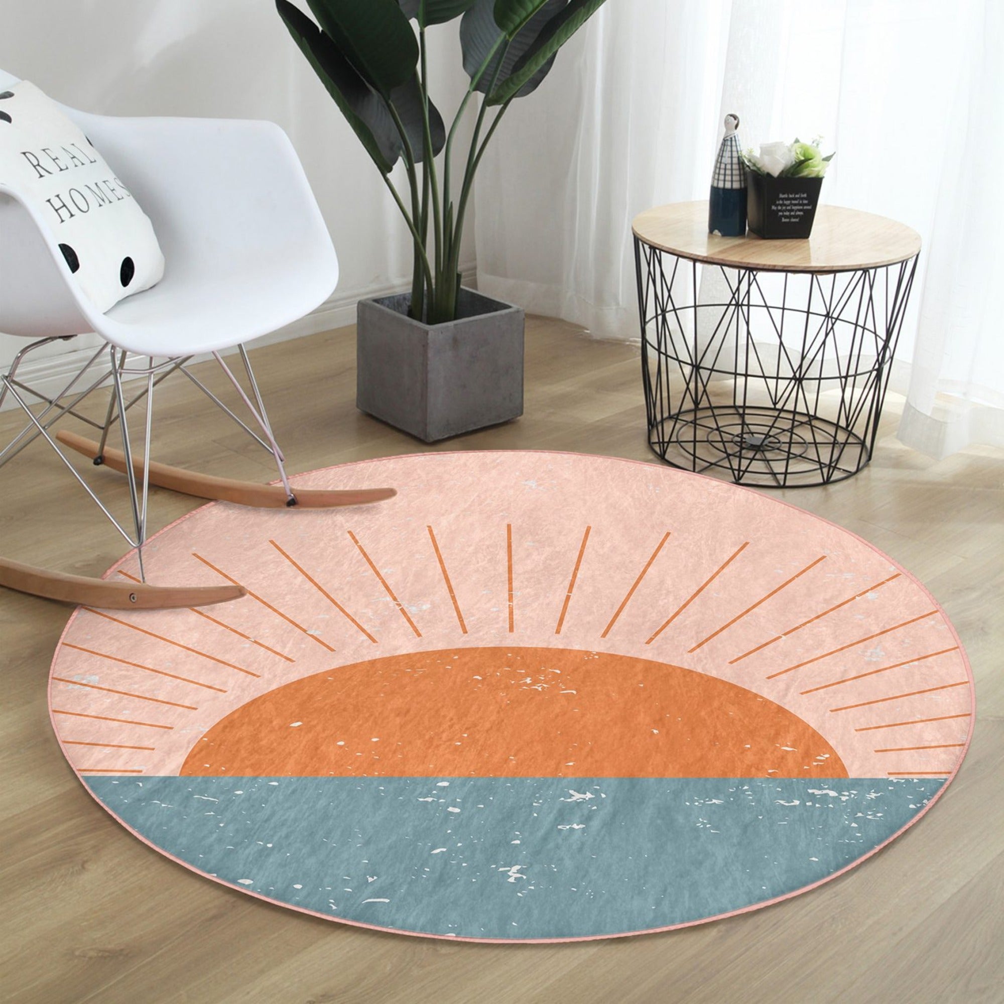 Sunrise Patterned Round Rug in boho style, showcasing vibrant colors and soft velvet texture, perfect for home decor.