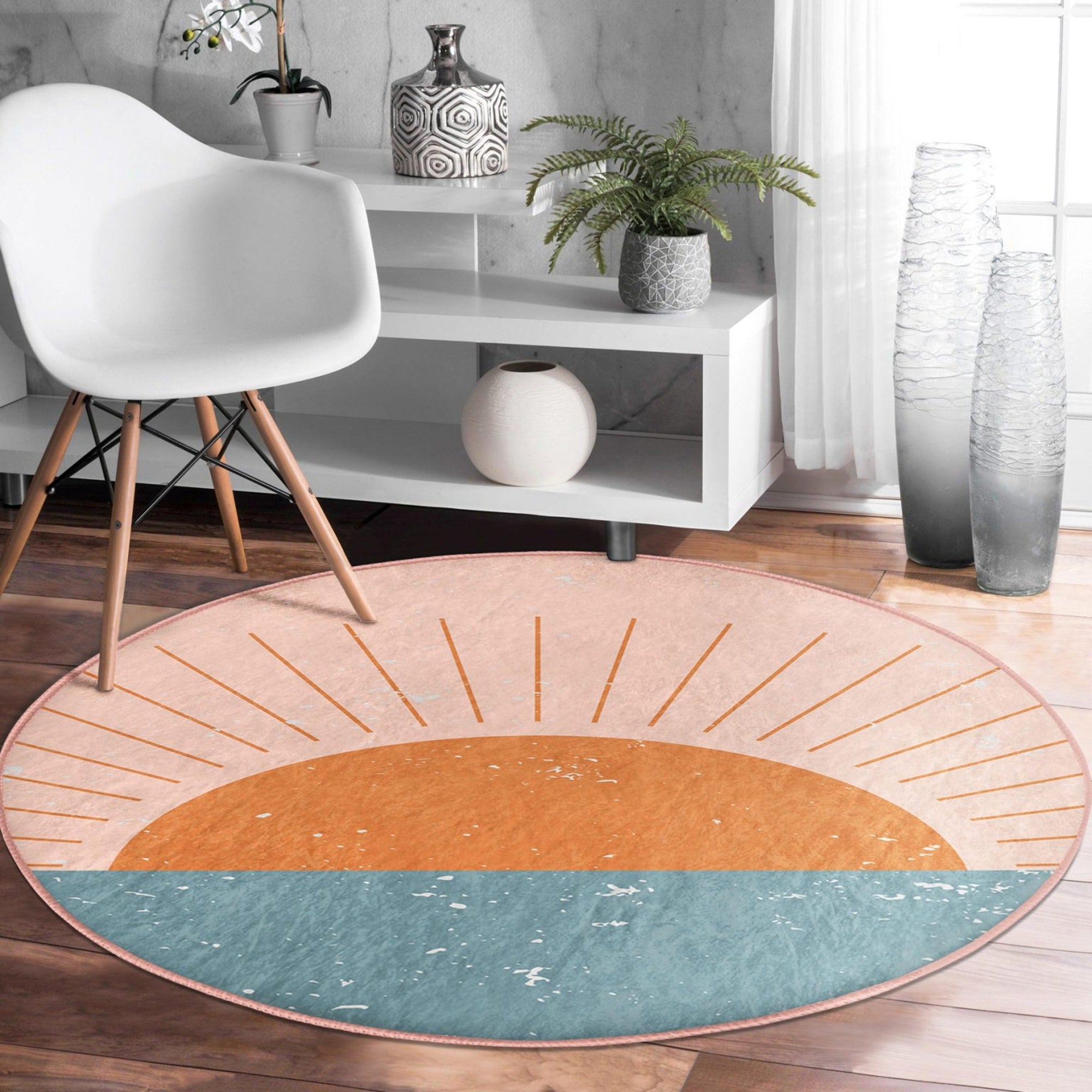 Sunrise Patterned Round Rug in boho style, showcasing vibrant colors and soft velvet texture, perfect for home decor.