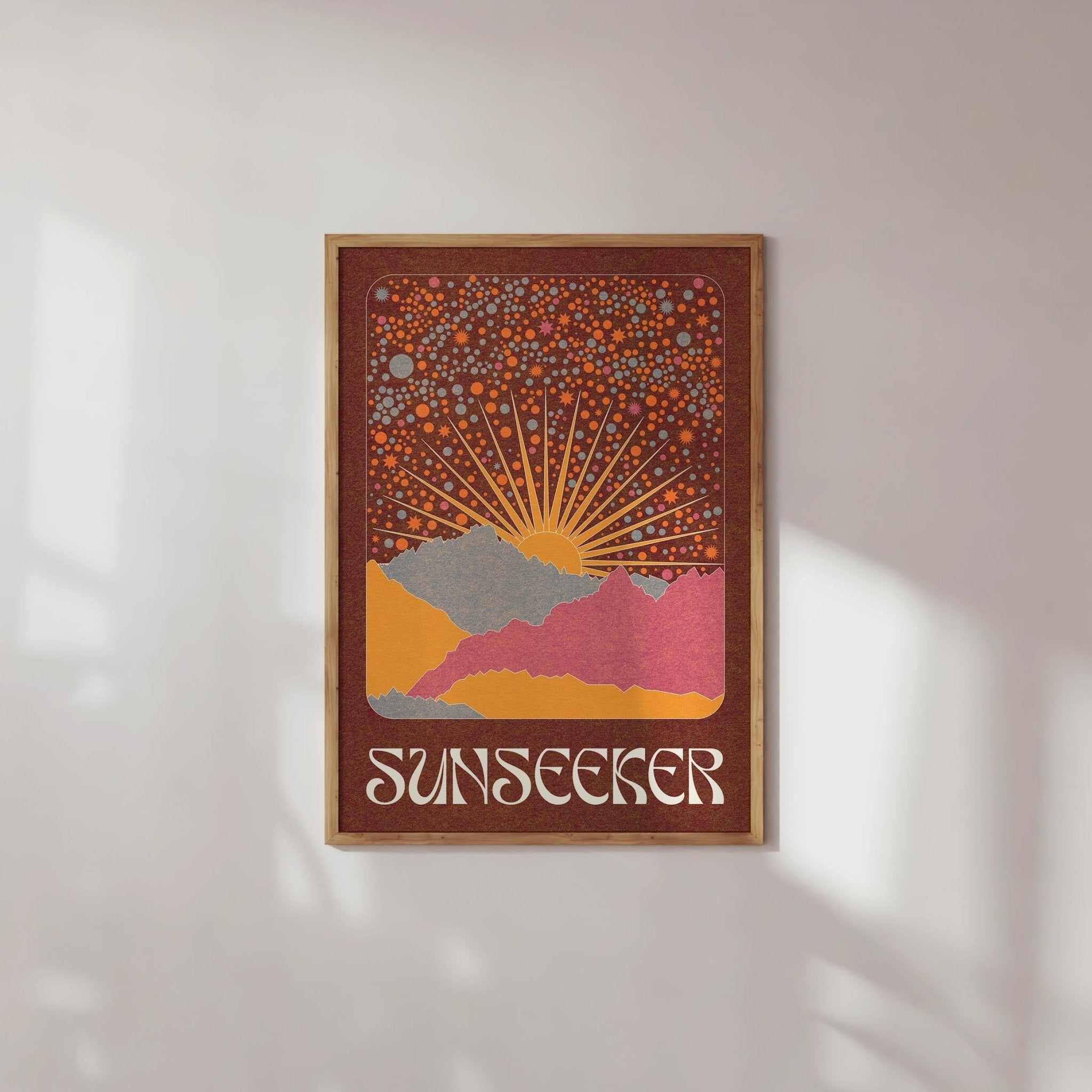 Sunseeker Art Print featuring a sunrise scene and starry sky pattern with retro boho style, perfect for home decor.