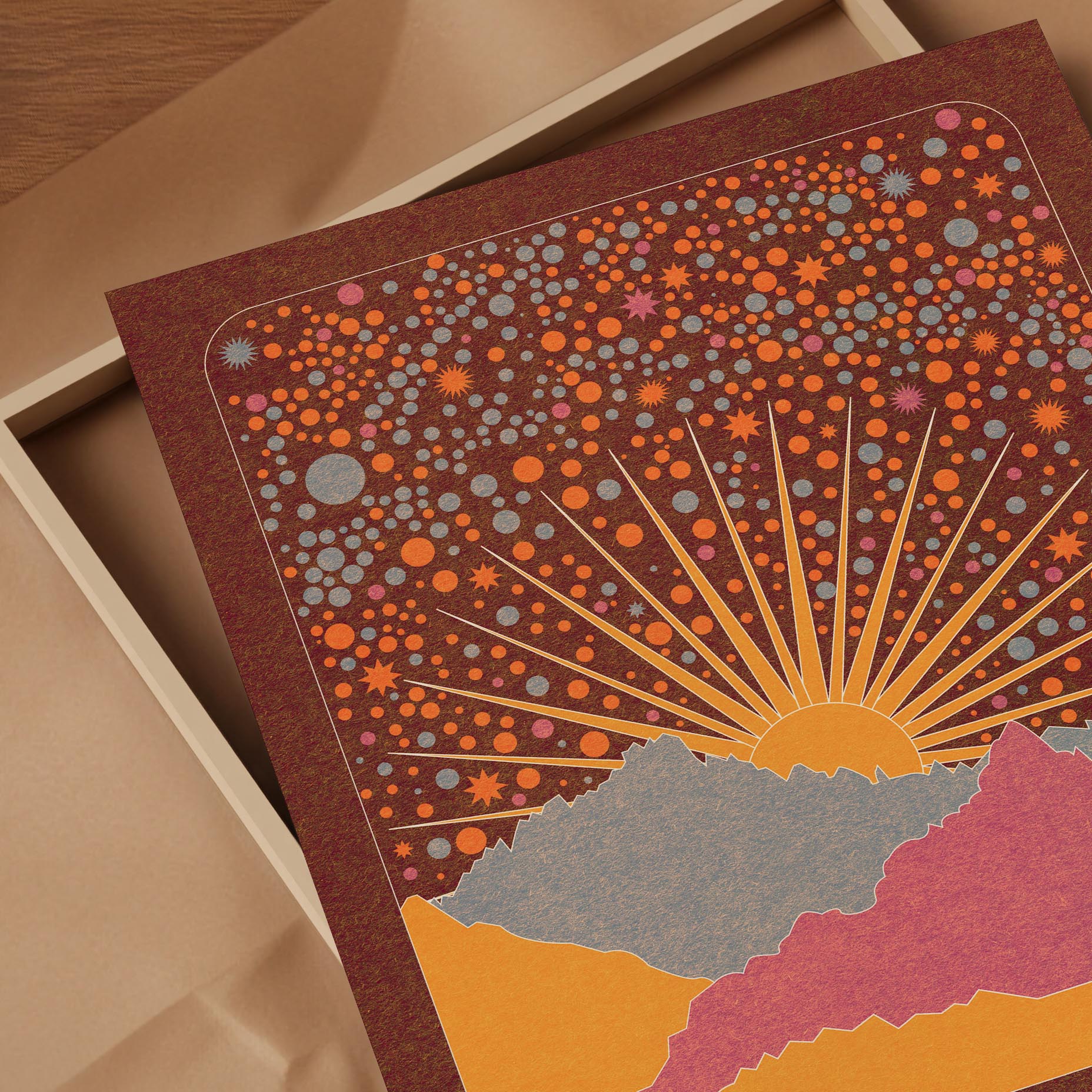 Sunseeker Art Print featuring a sunrise scene and starry sky pattern with retro boho style, perfect for home decor.