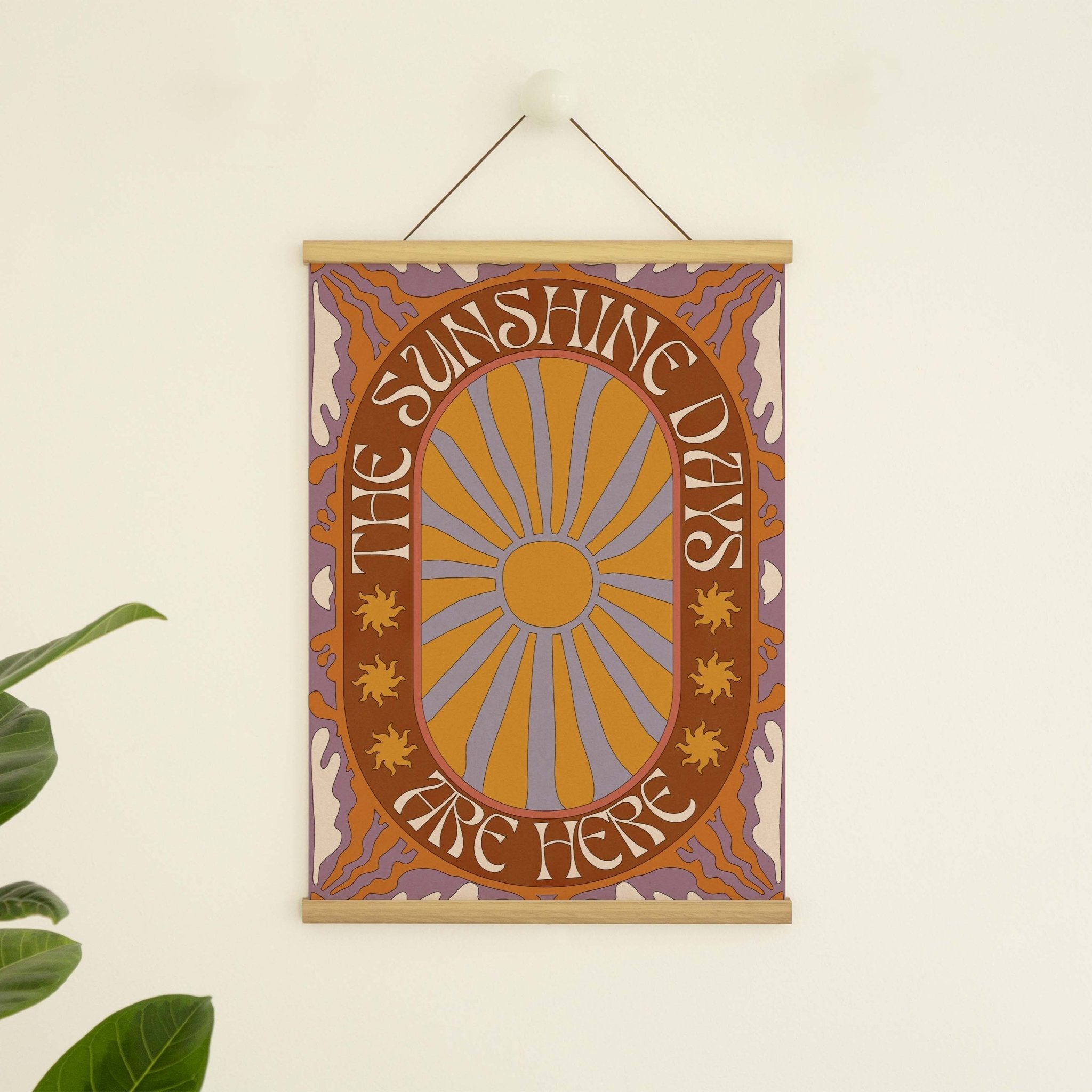 Sunshine Days Art Print featuring sun rays pattern and uplifting text, perfect for boho home decor.