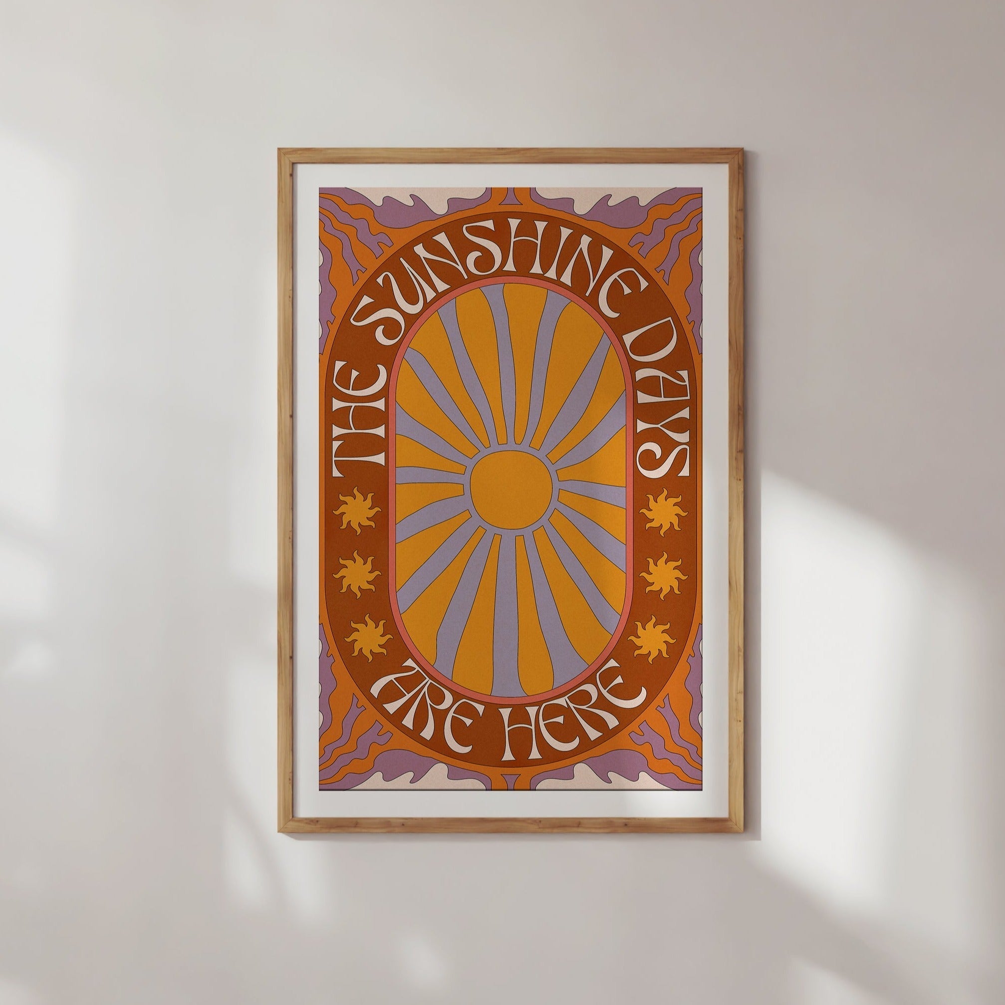 Sunshine Days Art Print featuring sun rays pattern and uplifting text, perfect for boho home decor.