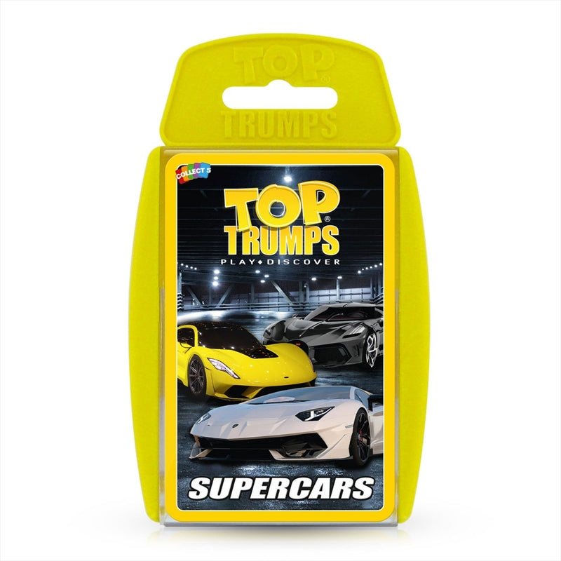 A vibrant display of Supercars Top Trumps card game featuring various supercar models.