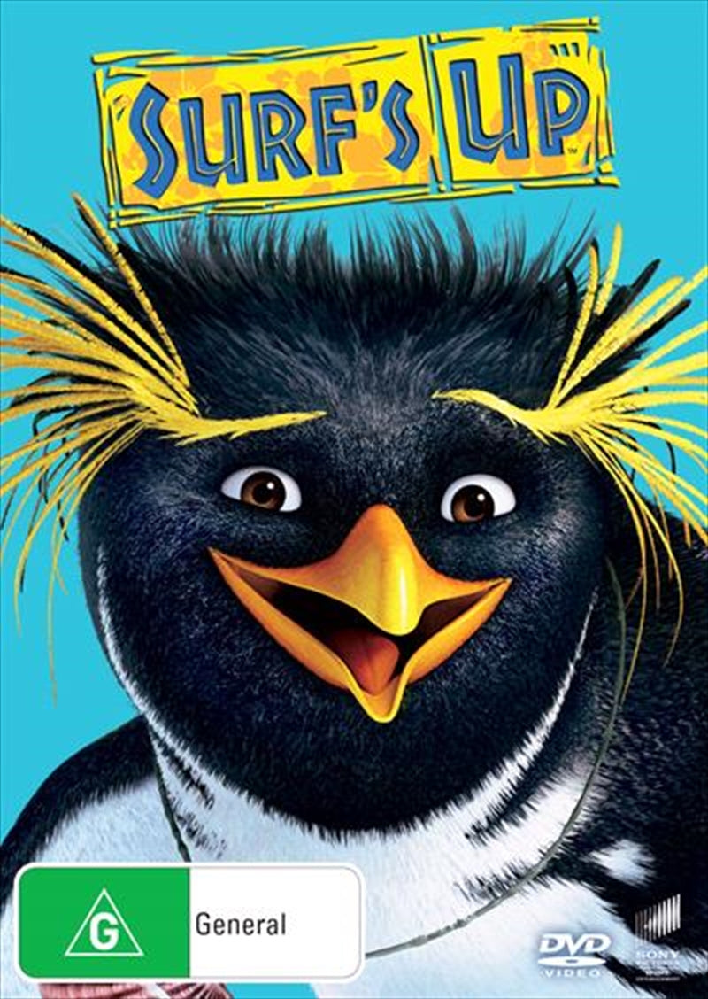 Surf's Up Big Face DVD cover featuring Cody Maverick, a surfing penguin, with vibrant ocean background.