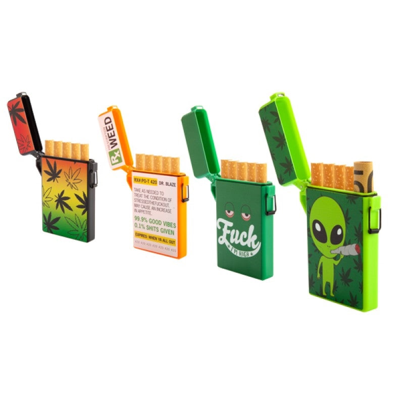 Survival Cigarette Case with waterproof seal and magnetic closure, featuring four unique weed-themed designs.