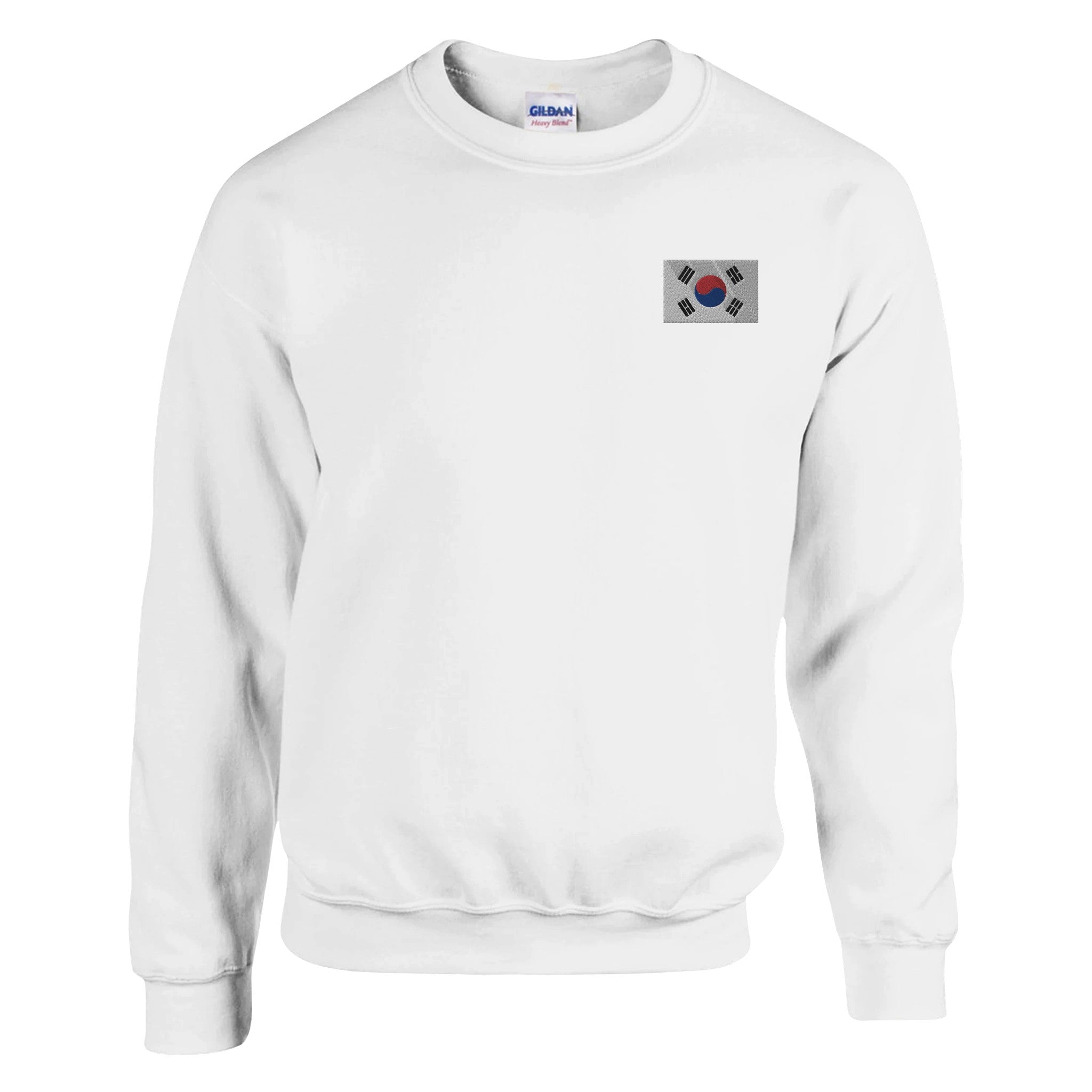 Sweat-shirt en broderie avec le drapeau de la Corée du Sud, en mélange de coton et polyester, affichant une coupe classique et des détails de couture soignés.