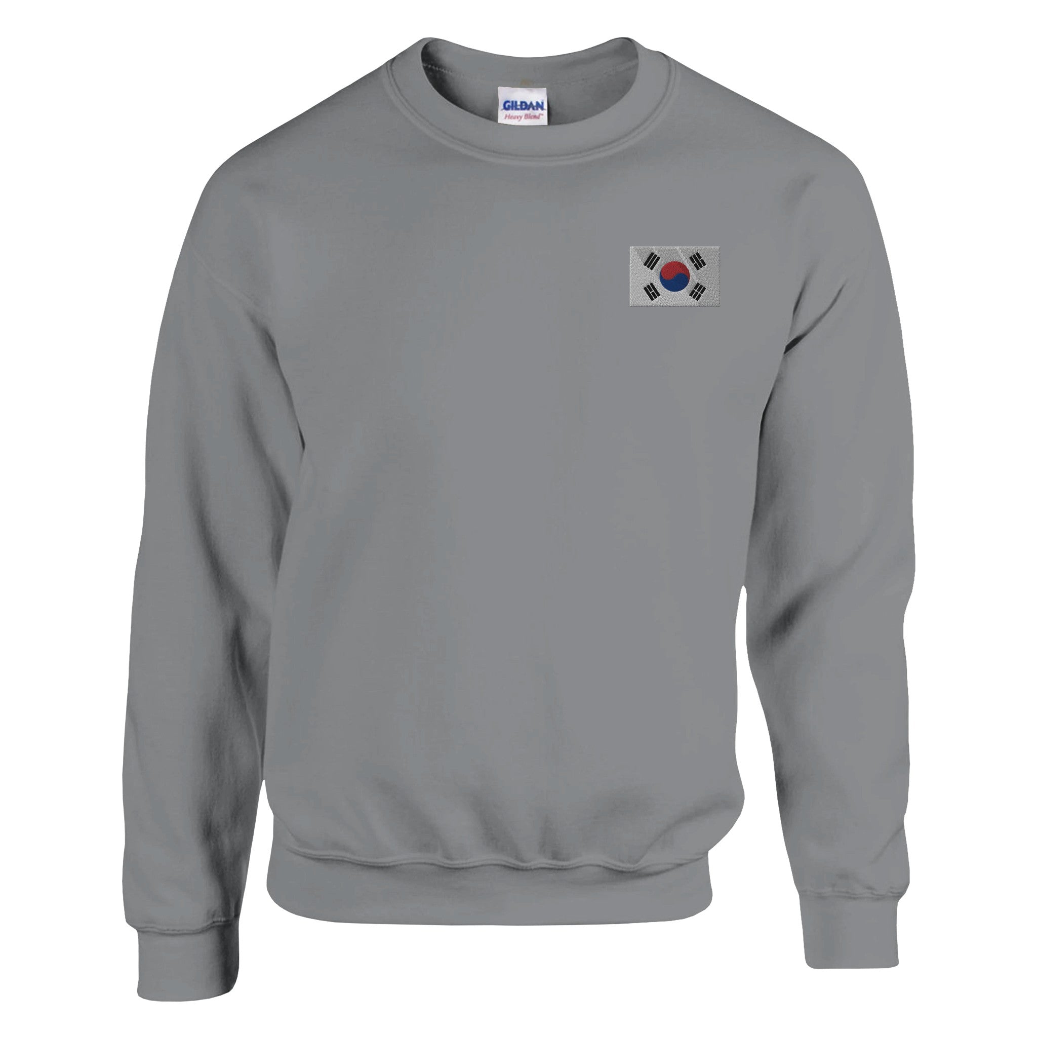 Sweat-shirt en broderie avec le drapeau de la Corée du Sud, en mélange de coton et polyester, affichant une coupe classique et des détails de couture soignés.