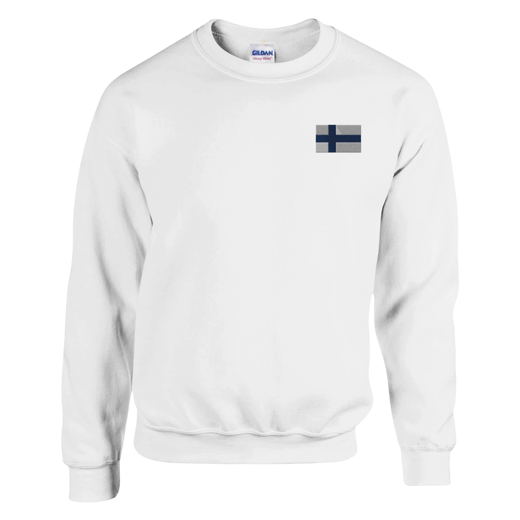 Sweat-shirt en coton et polyester avec broderie du drapeau de la Finlande, confortable et durable, disponible en plusieurs tailles.