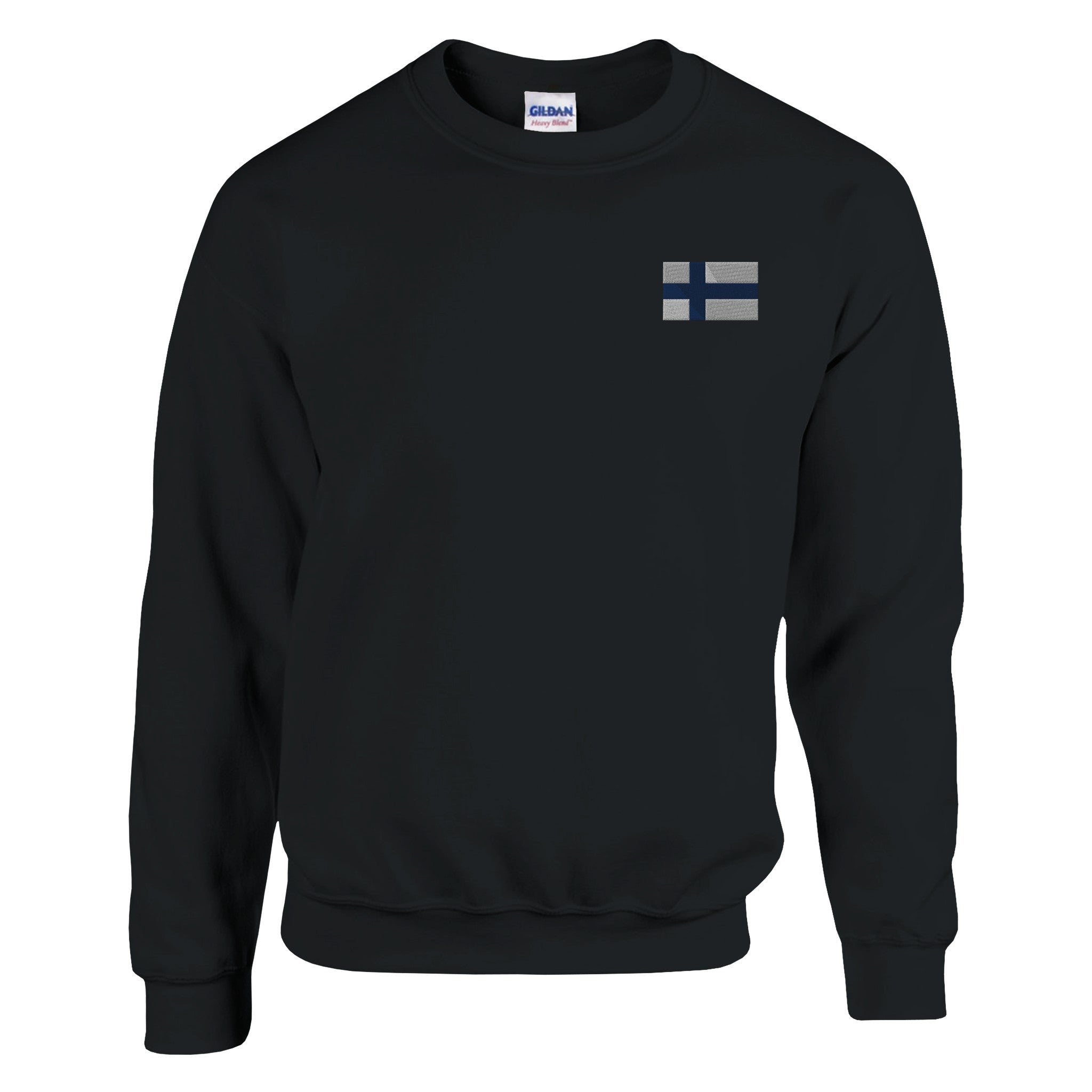 Sweat-shirt en coton et polyester avec broderie du drapeau de la Finlande, confortable et durable, disponible en plusieurs tailles.