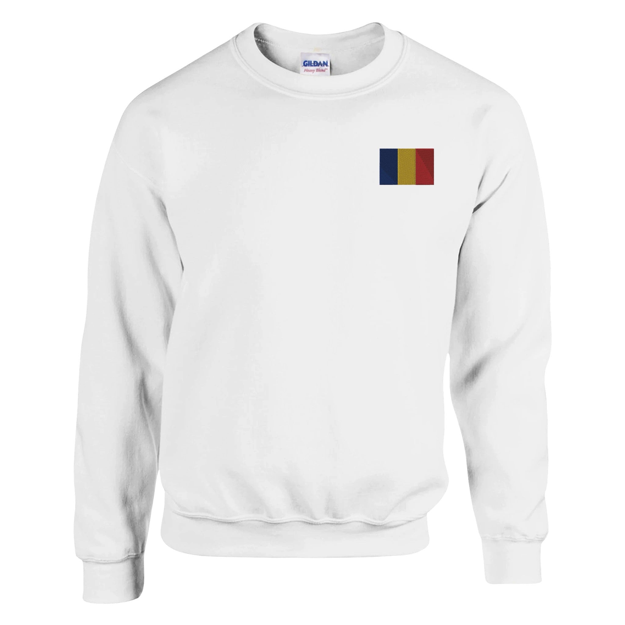 Sweat-shirt Drapeau de la Roumanie en broderie, mélange de coton et polyester, avec des détails de couture aiguille double et côtes élastiques.