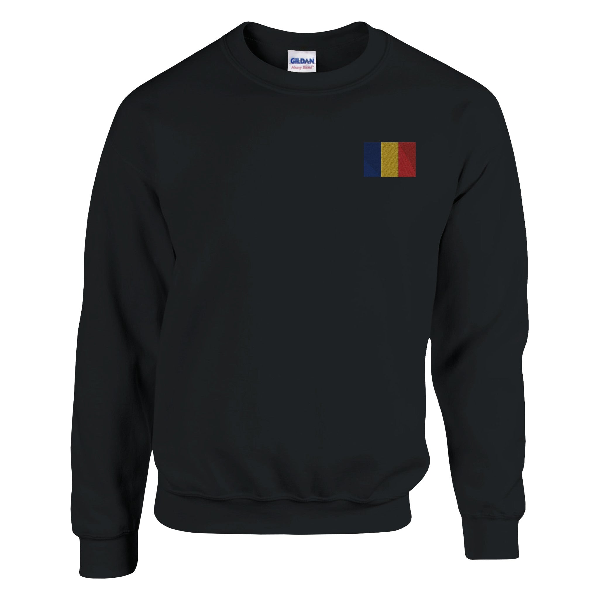 Sweat-shirt Drapeau de la Roumanie en broderie, mélange de coton et polyester, avec des détails de couture aiguille double et côtes élastiques.