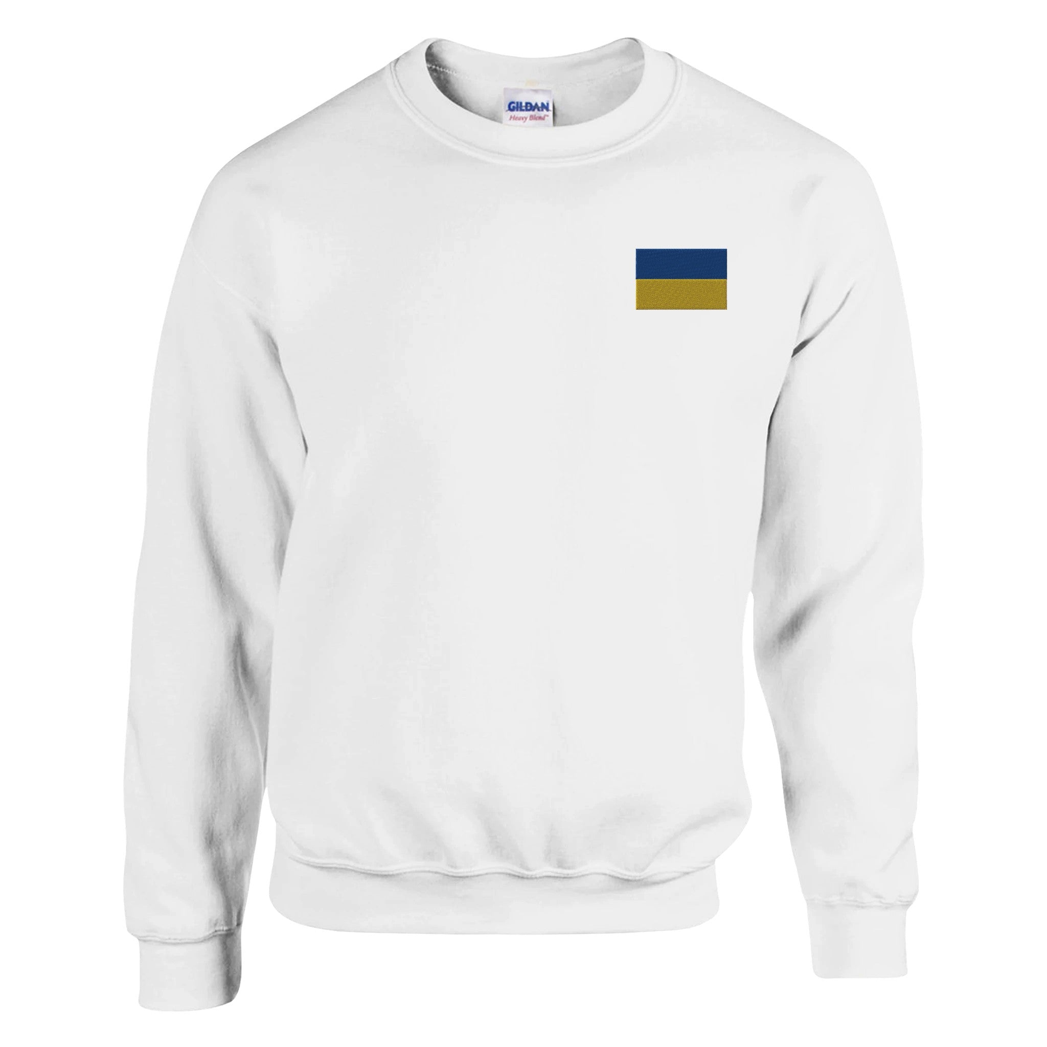 Sweat-shirt en broderie avec le drapeau de l'Ukraine, en mélange de coton et polyester, affichant une couture aiguille double et une coupe classique.